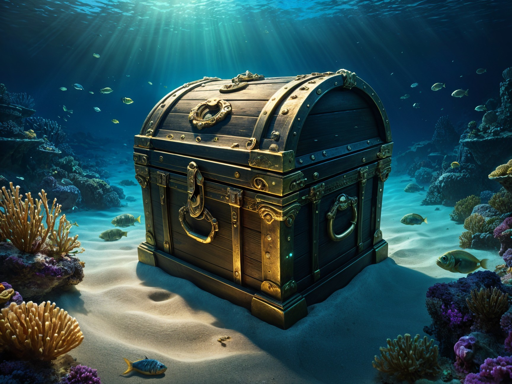 Ornate Treasure Chest on Sandy Seabed with Coral