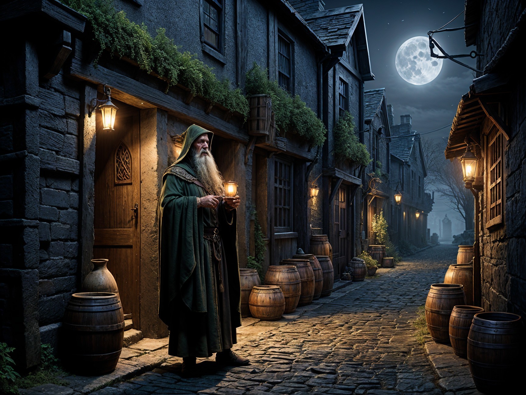 Elderly Figure with Lantern in Cobblestone Alley