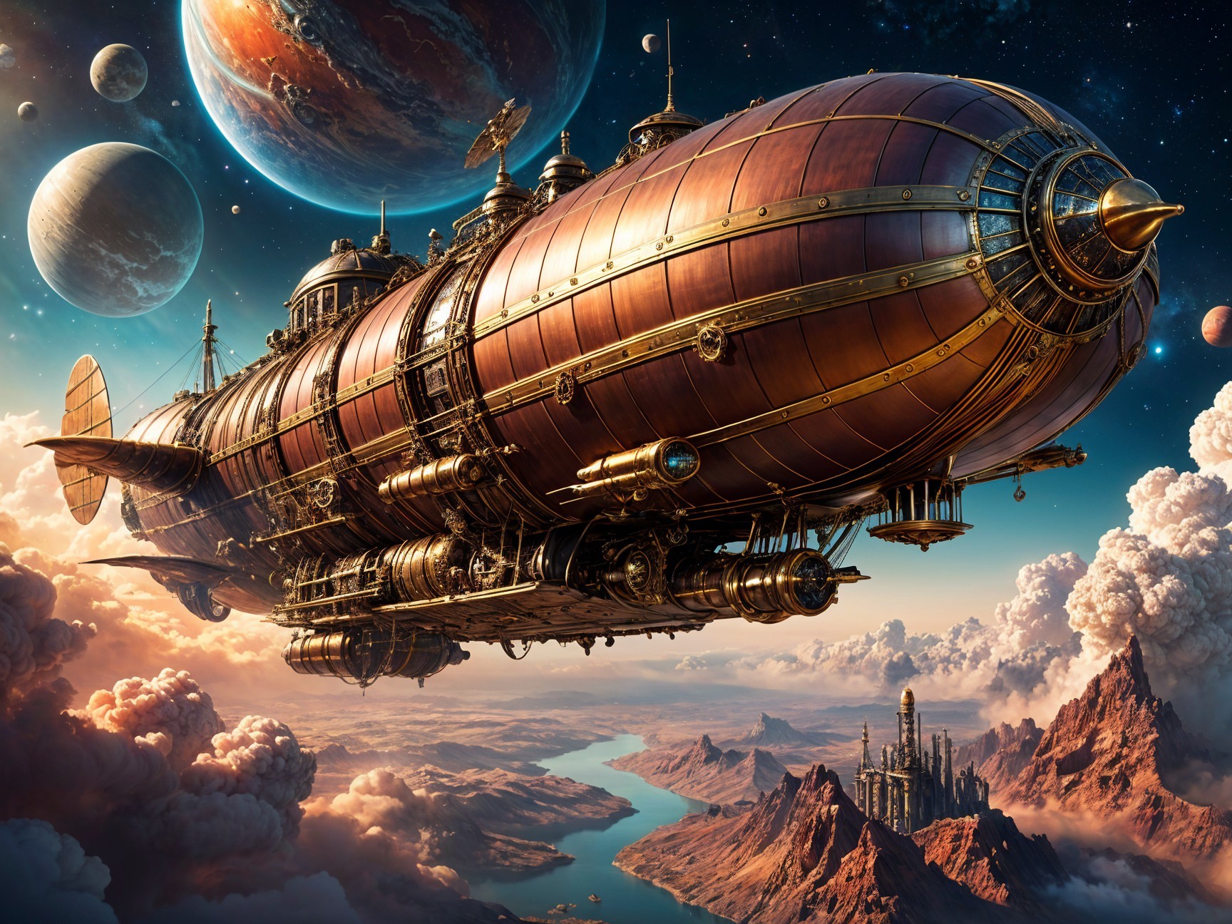Steampunk Airship in a Colorful Celestial Landscape