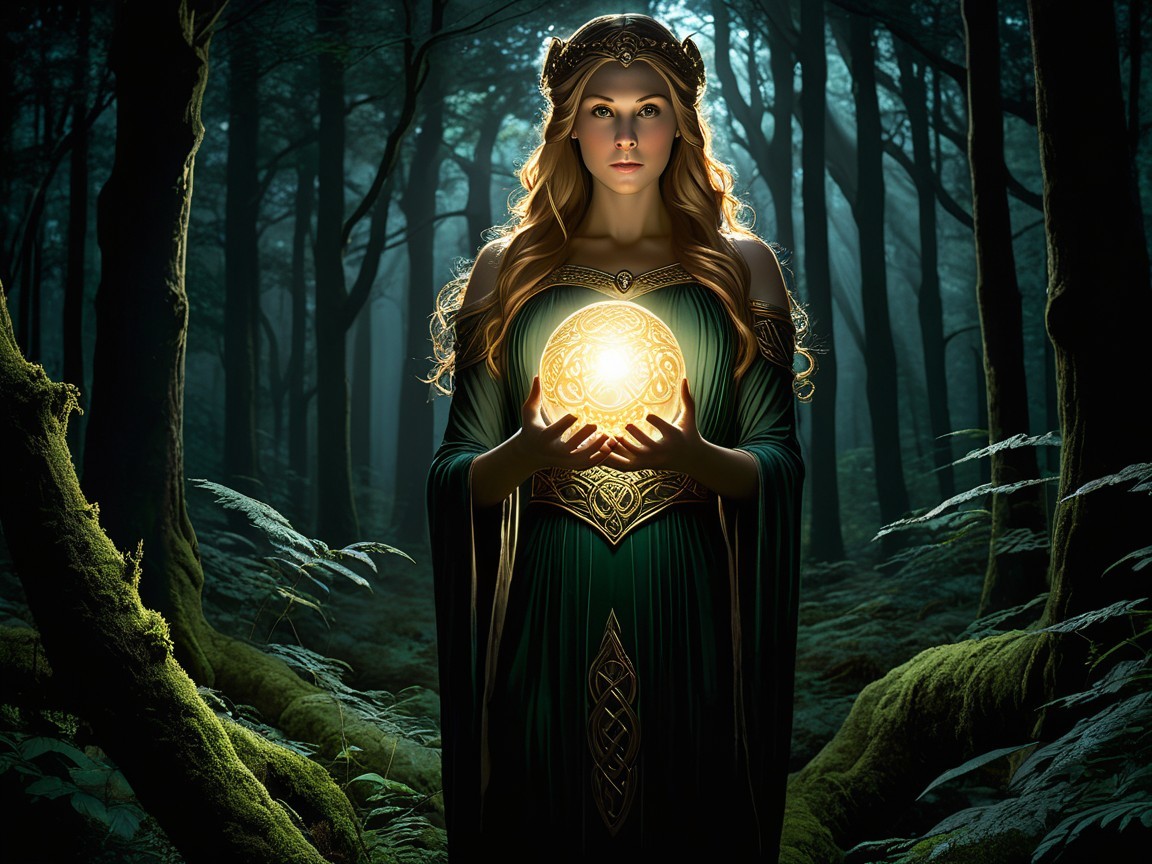 Graceful woman in mystical forest with glowing orb