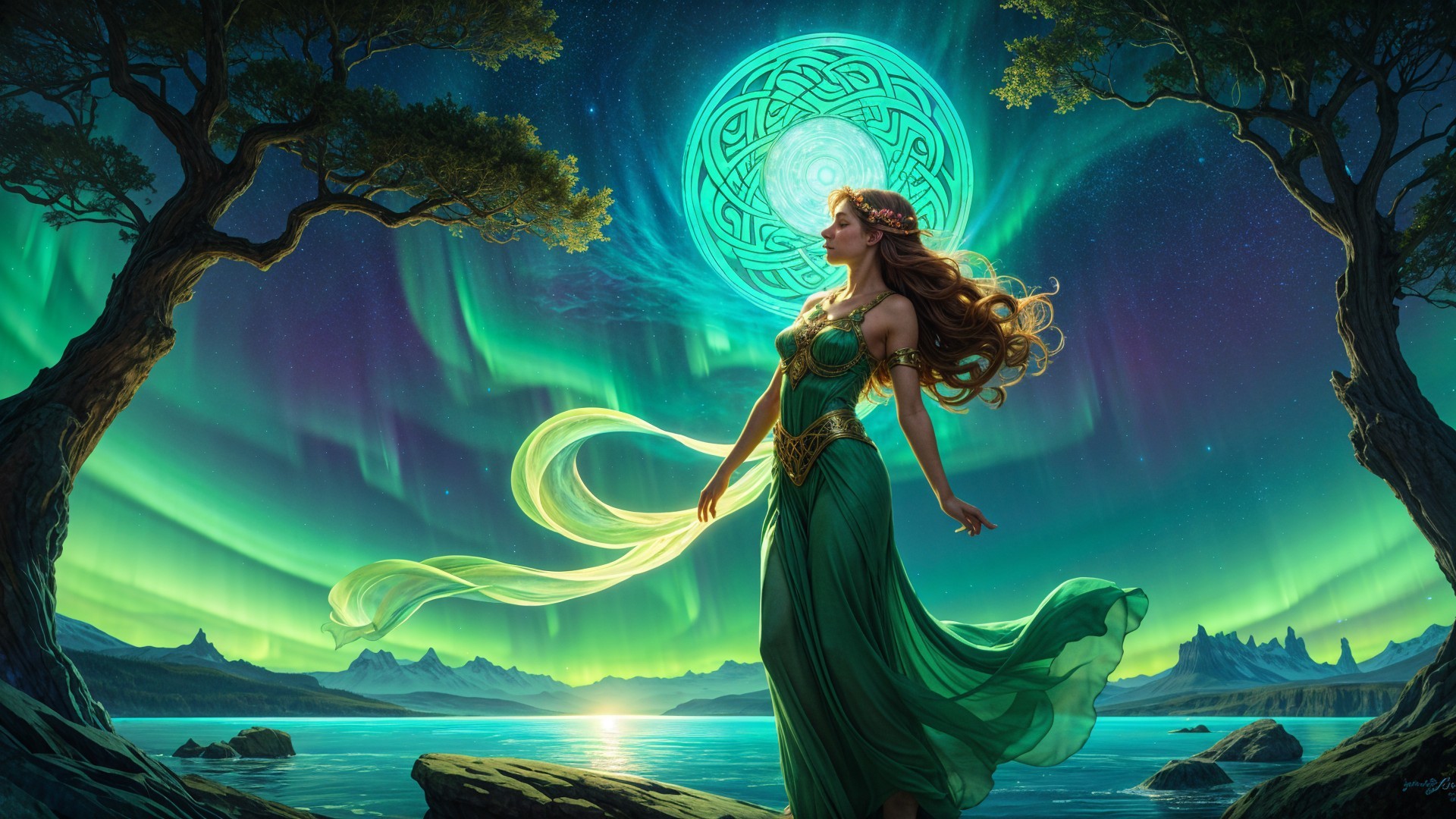 Mystical figure by tranquil lake under auroras