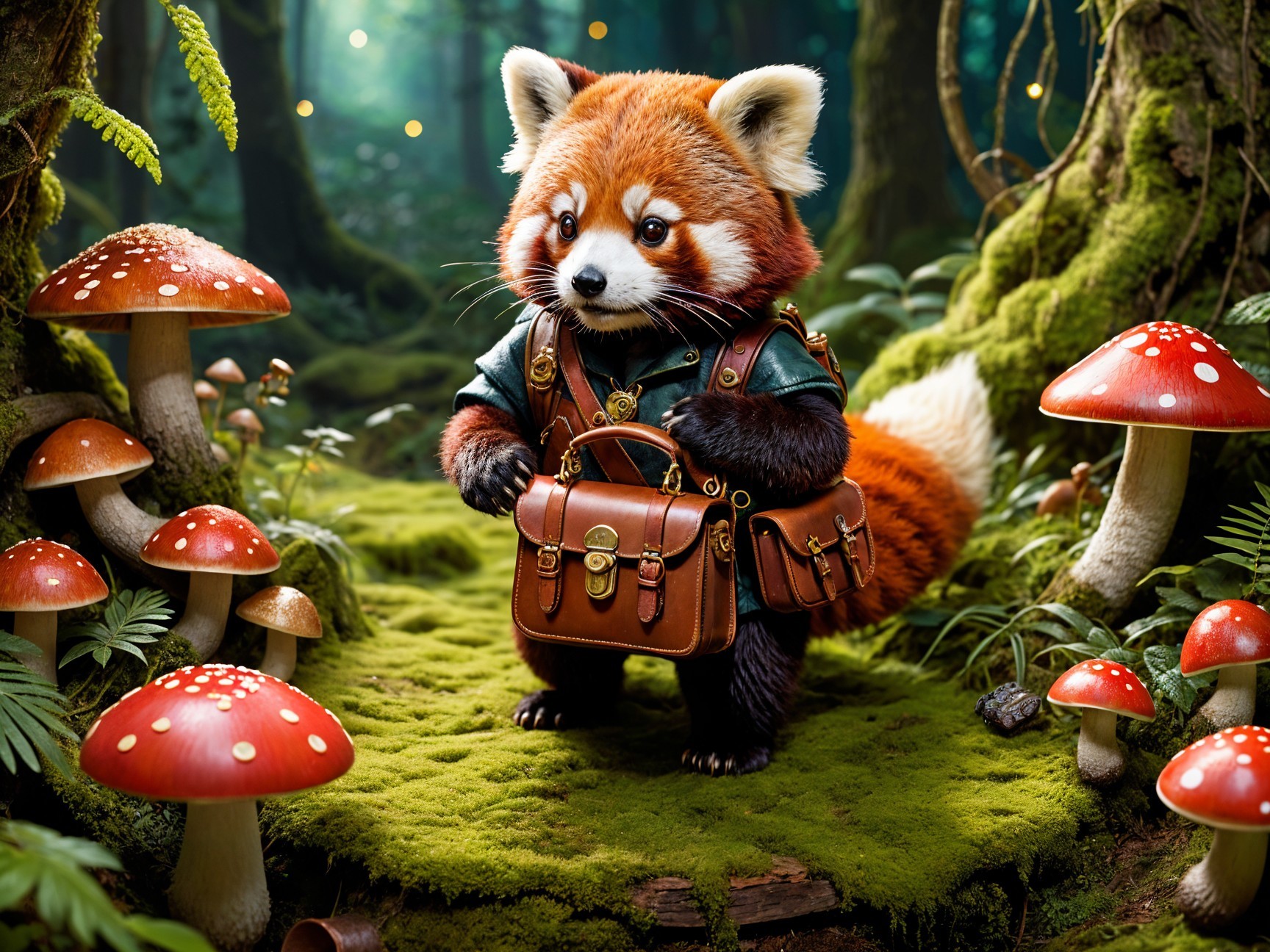Red Panda in Green Jacket Among Vibrant Mushrooms