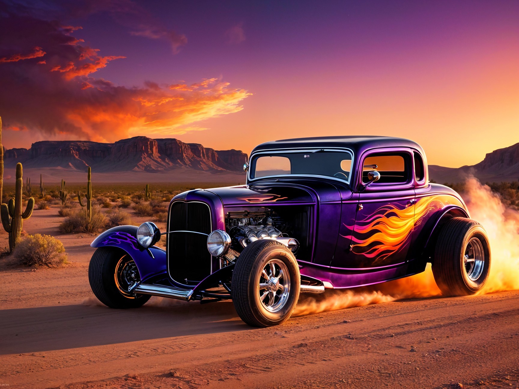 Vintage Hot Rod Against Desert Sunset Landscape