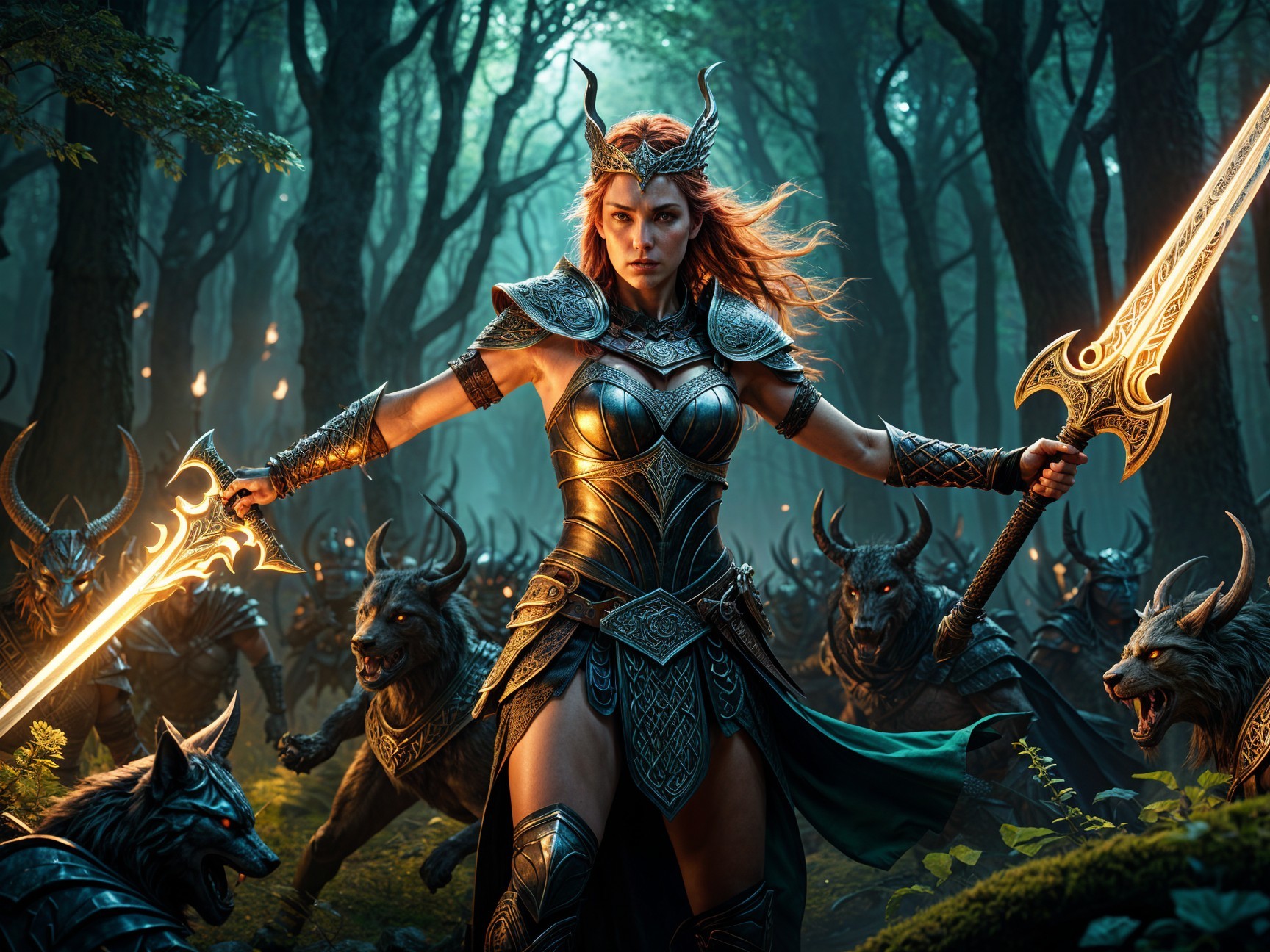 Fierce warrior with dual swords in mystical forest
