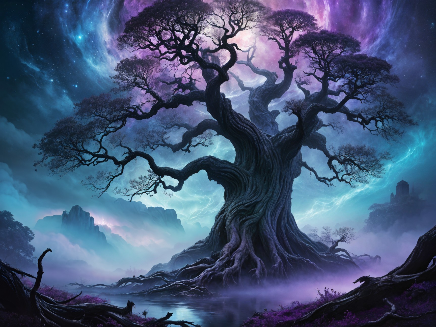 Ancient Tree Against Cosmic Galaxy and Misty Waters