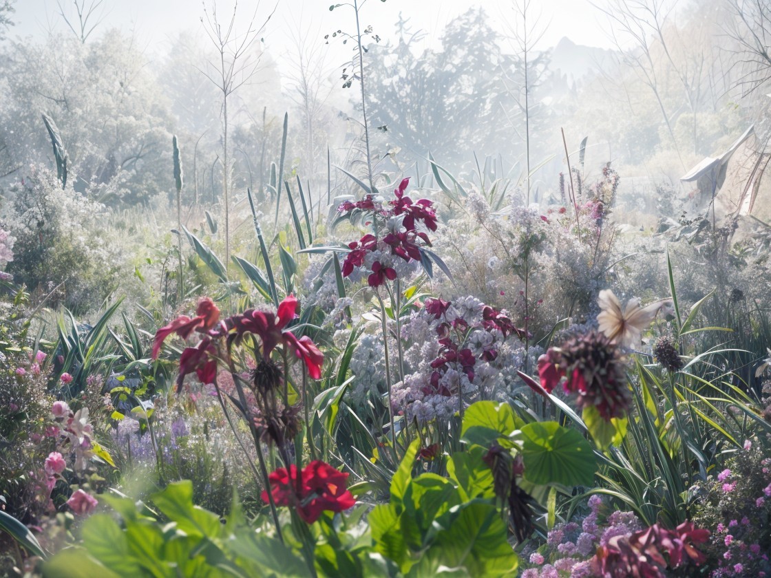 Serene Morning Garden with Vibrant Flowers and Mist