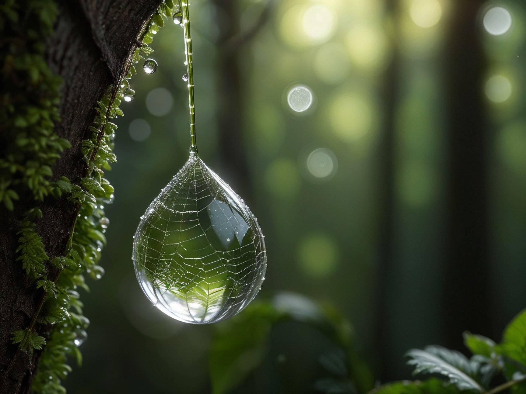 Water Droplet on Tree Branch with Soft Sunlight Reflections