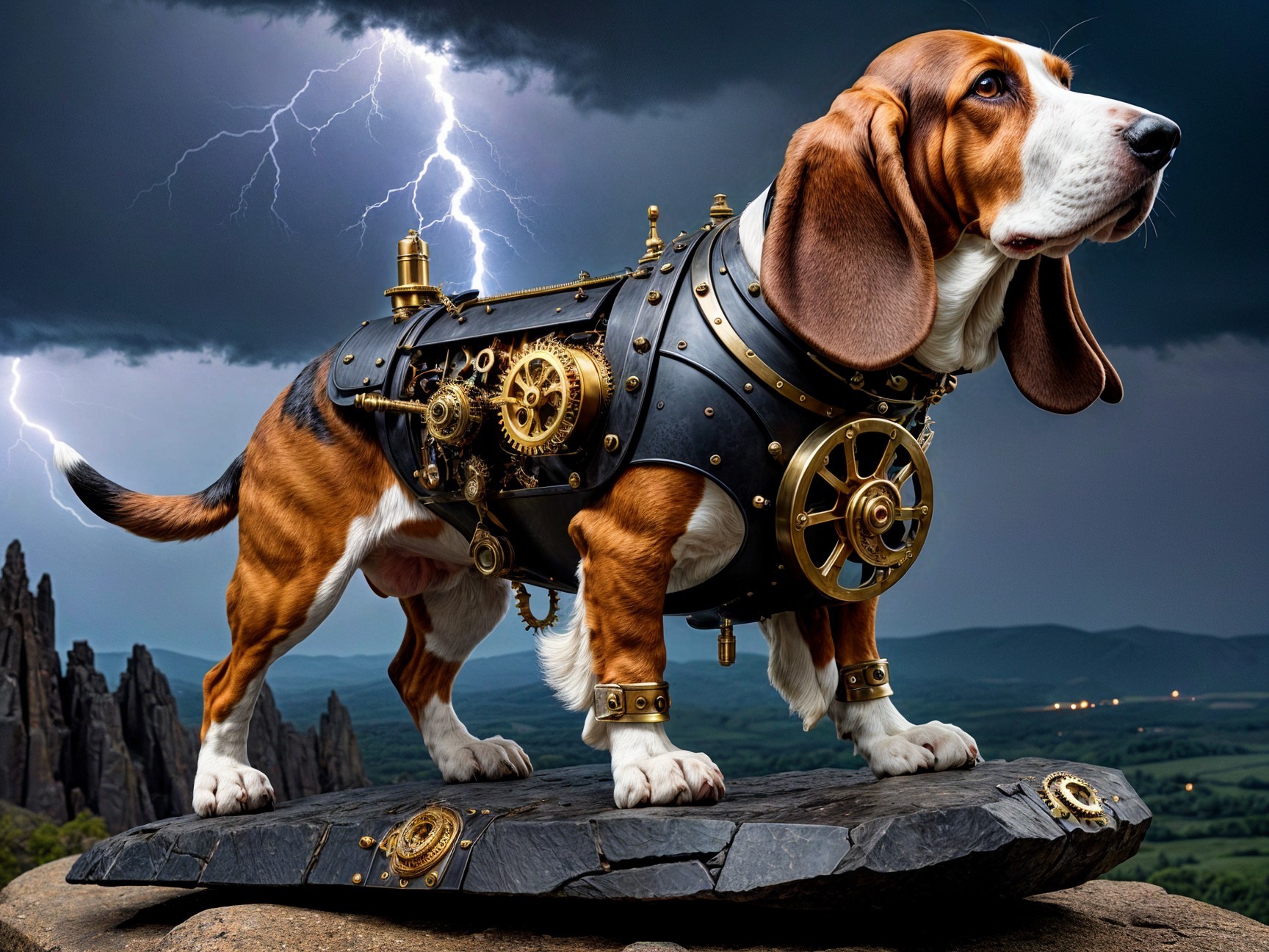 Basset Hound on Rock with Steampunk Harness and Storm Clouds