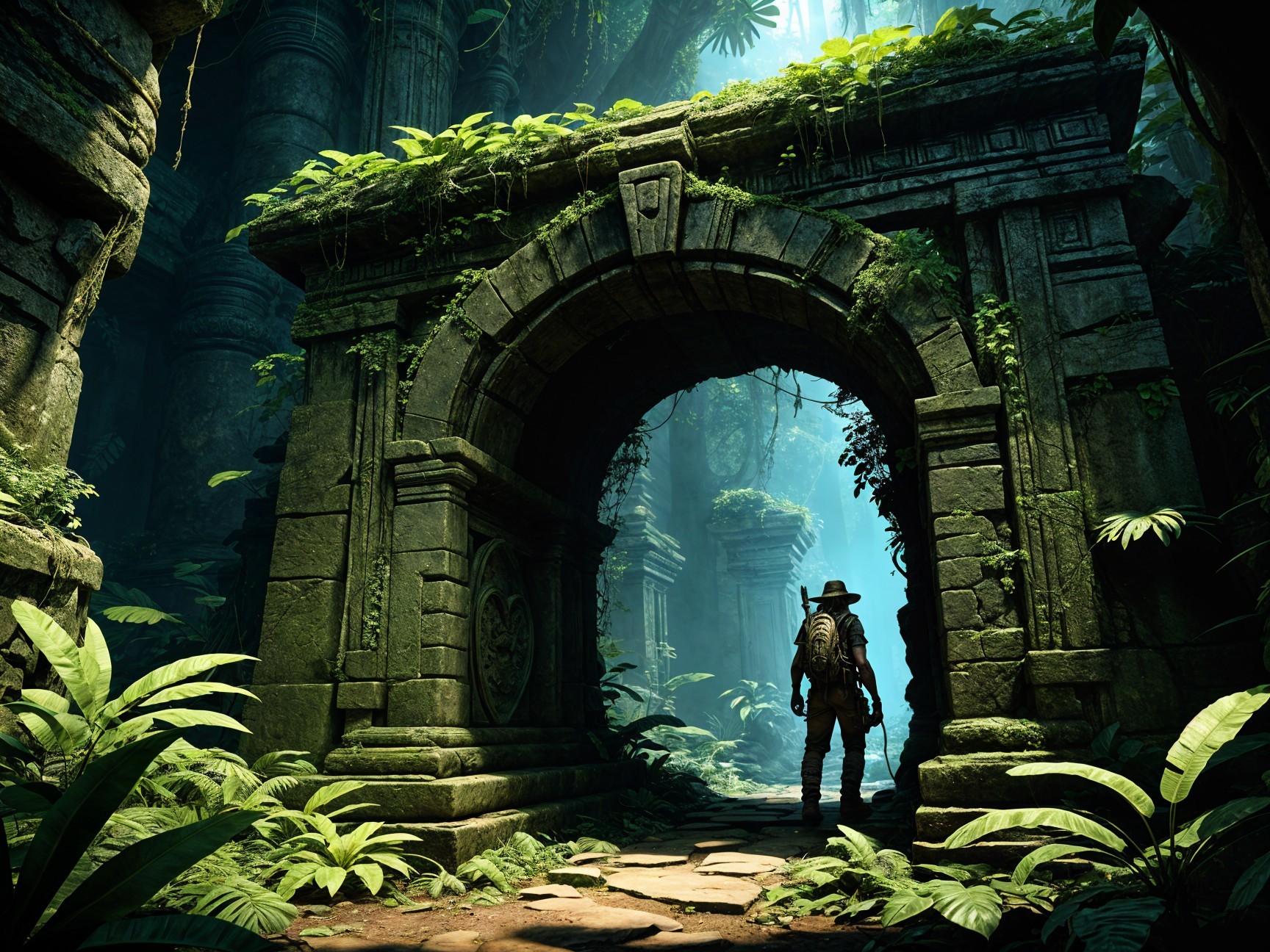 Explorer Beneath Ancient Stone Archway with Vines