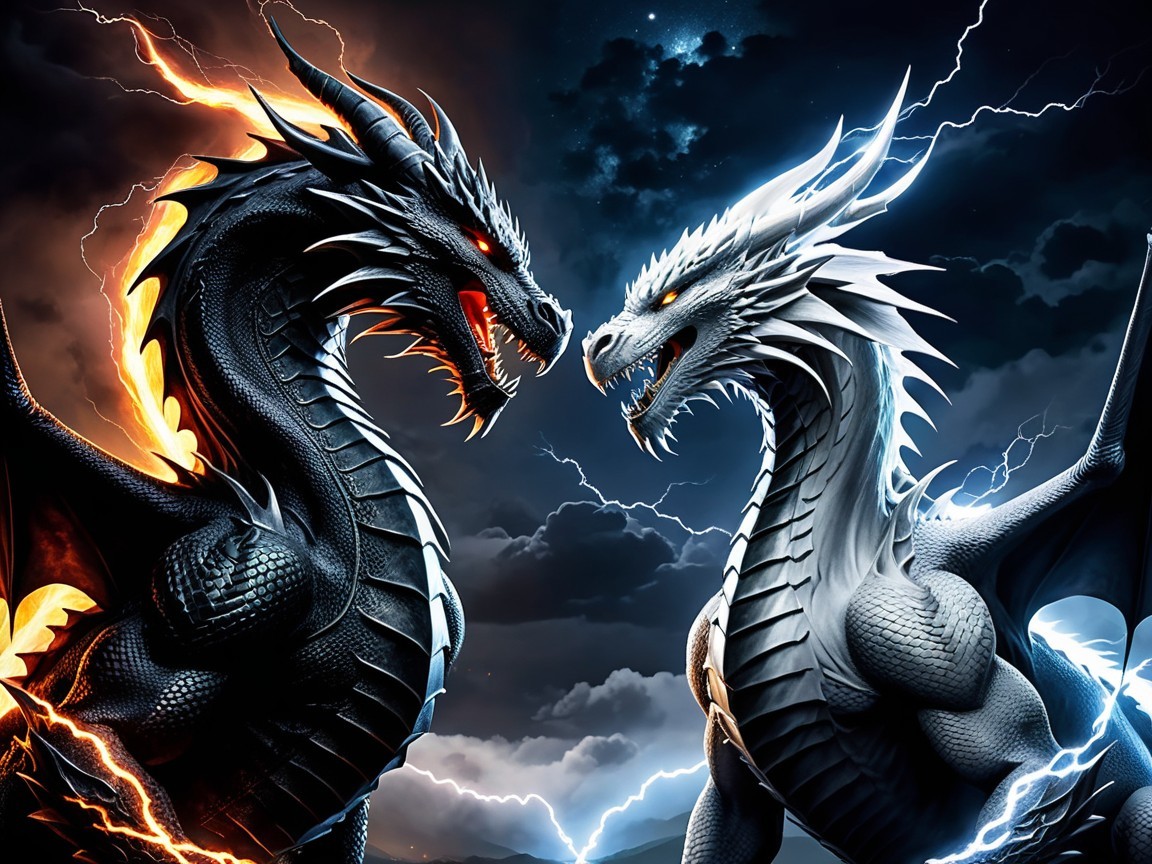 Dramatic Dragon Duel Under Stormy Skies
