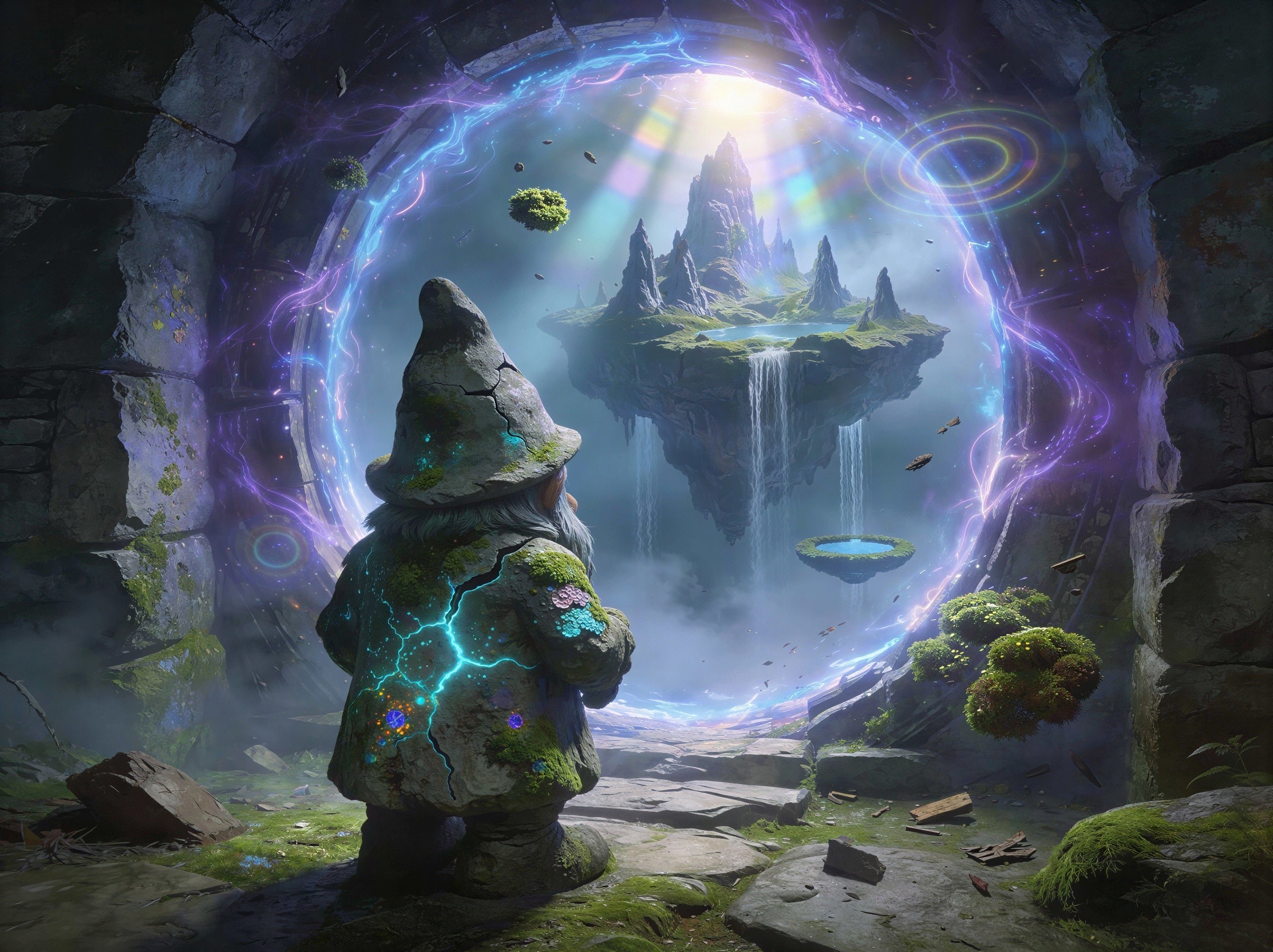 Ancient Stone Gnome Gazing at Mystical Portal Scene