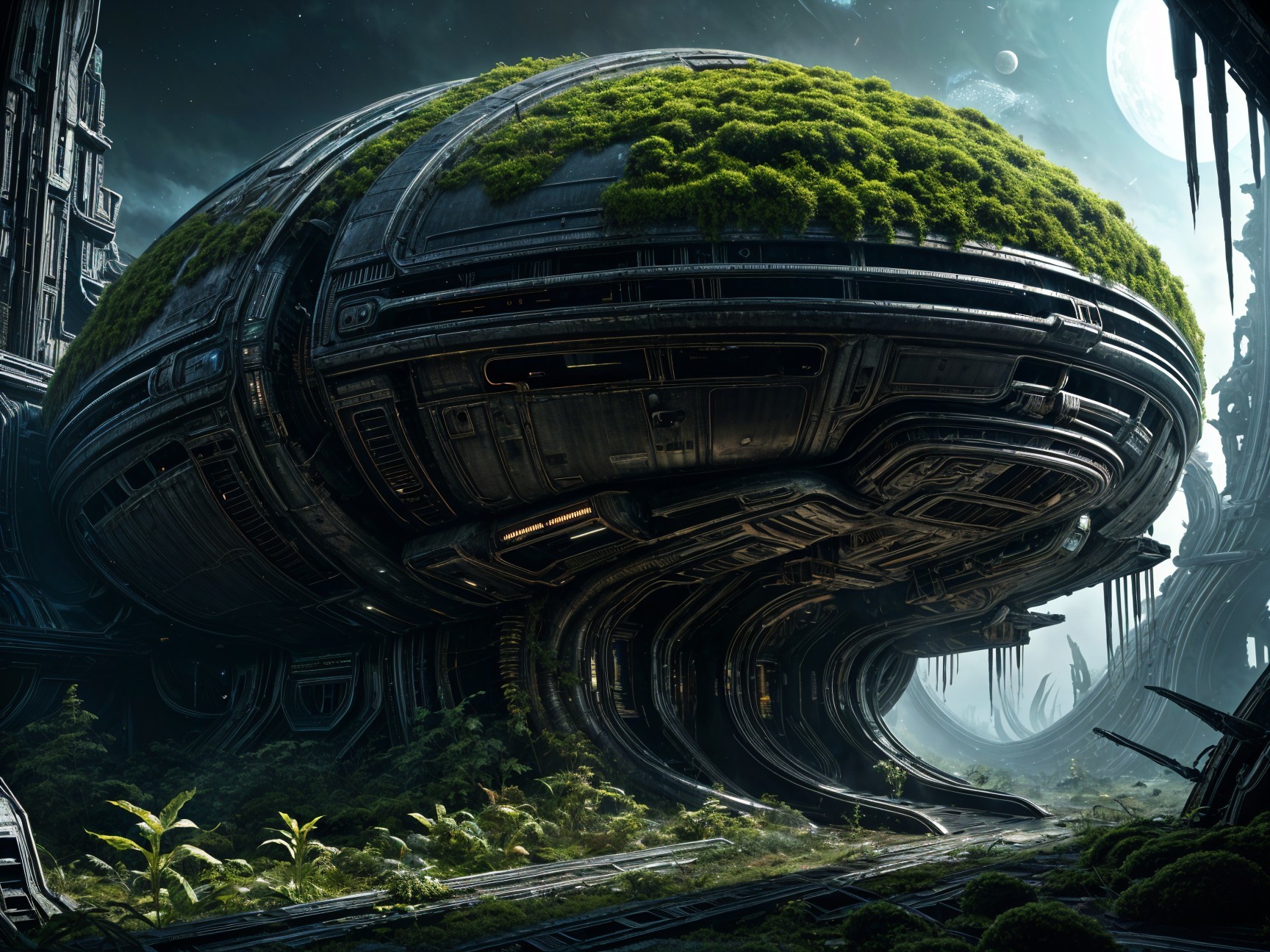 Futuristic alien landscape with moss-covered orb