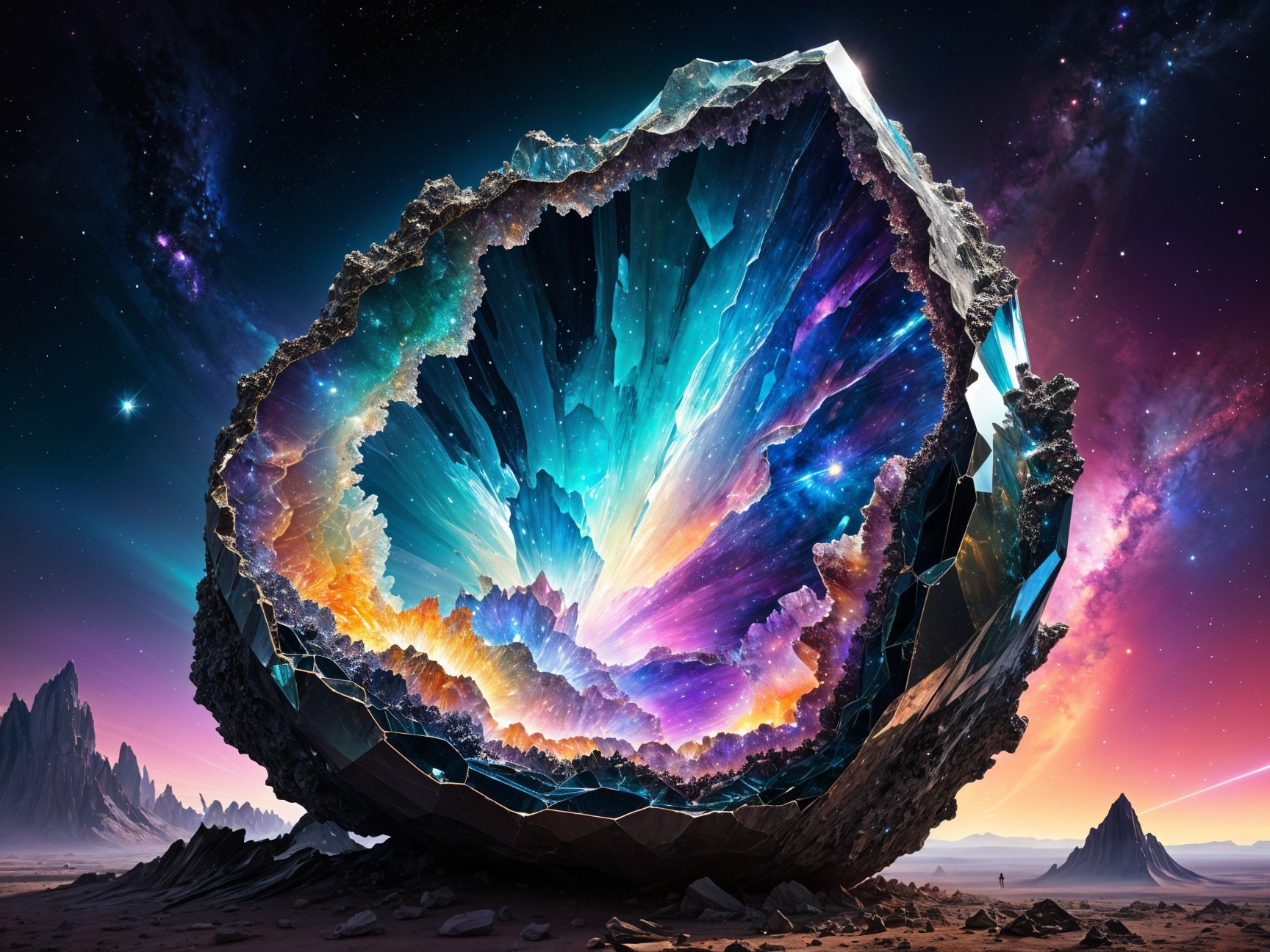 Surreal Landscape with Colorful Geode Structure