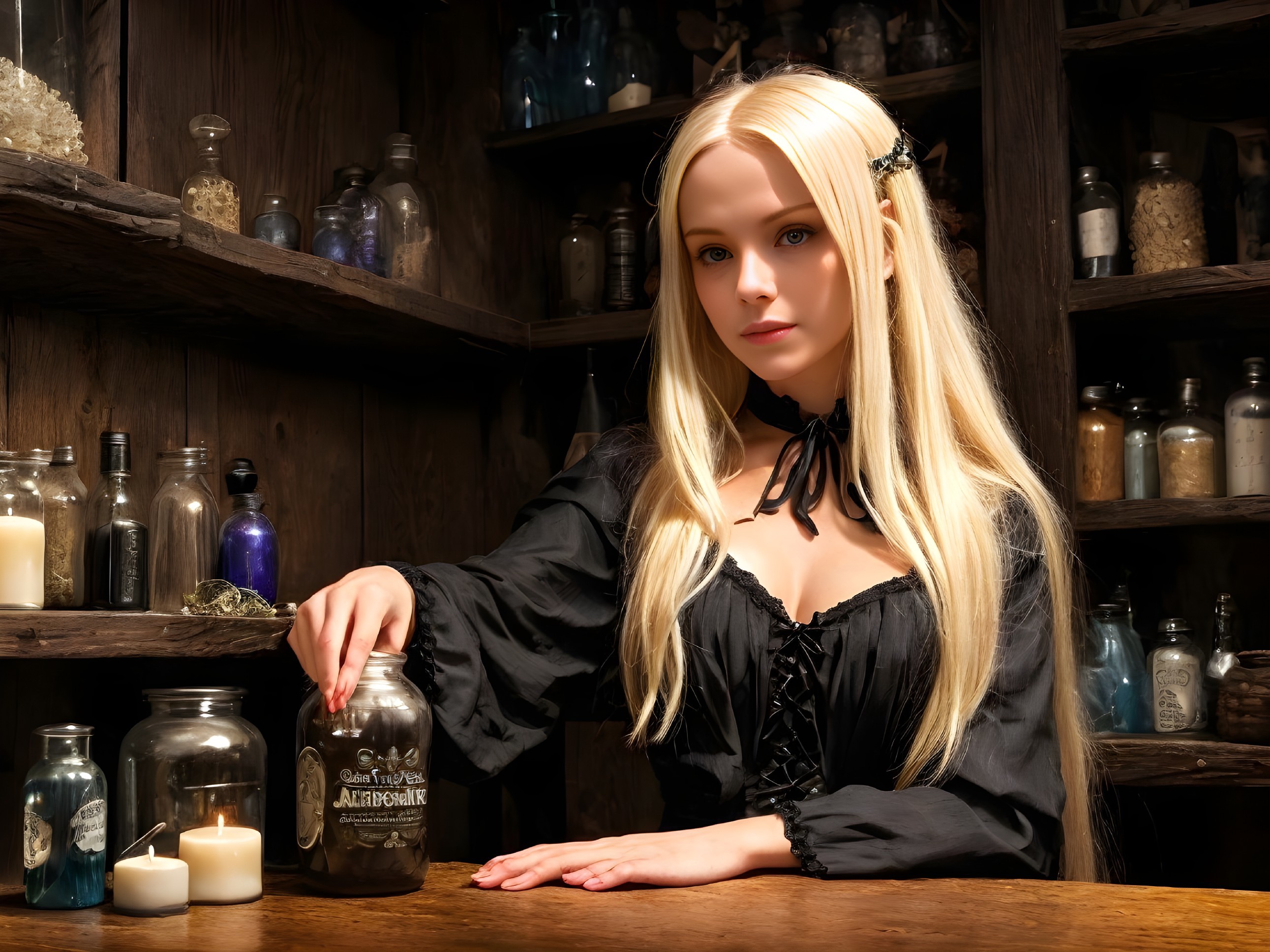 Young Woman in Black Dress at Enchanted Apothecary