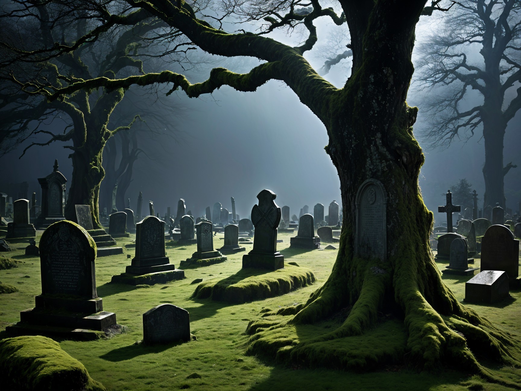 Serene misty cemetery with weathered gravestones and trees