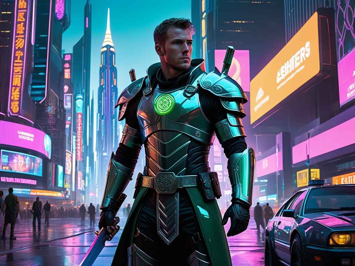 Futuristic warrior in neon cityscape with armor and sword