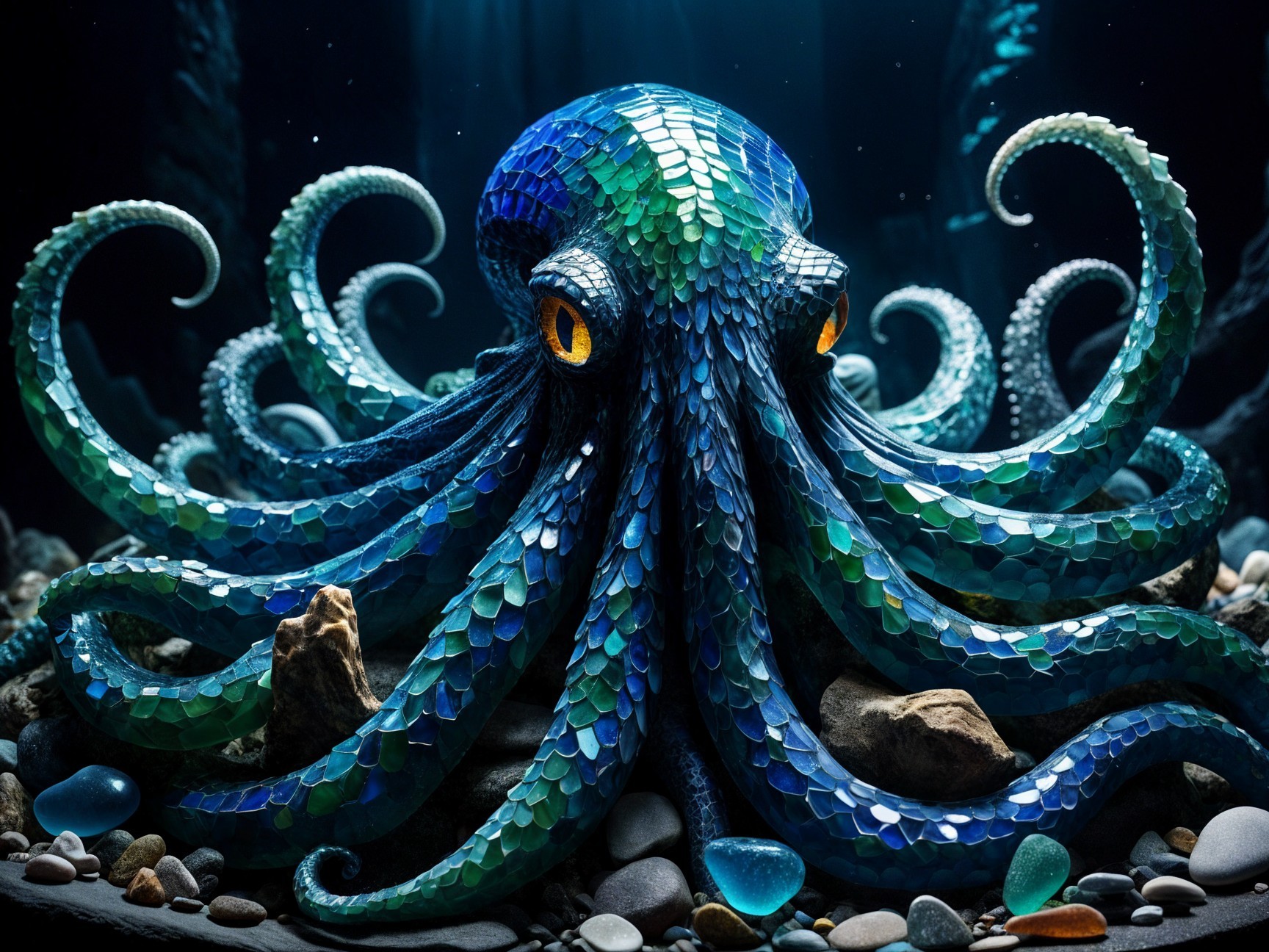 Vibrant Octopus on Ocean Floor with Gemstones