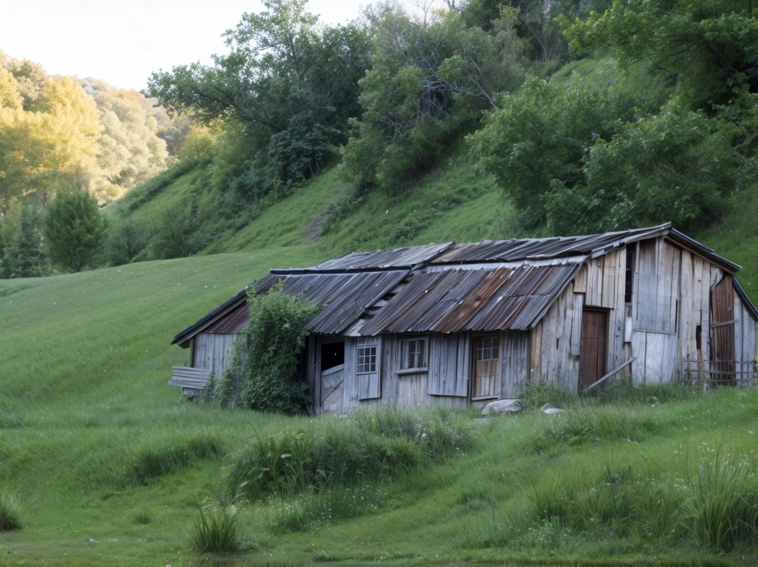 Rustic wooden cabin in a lush green landscape