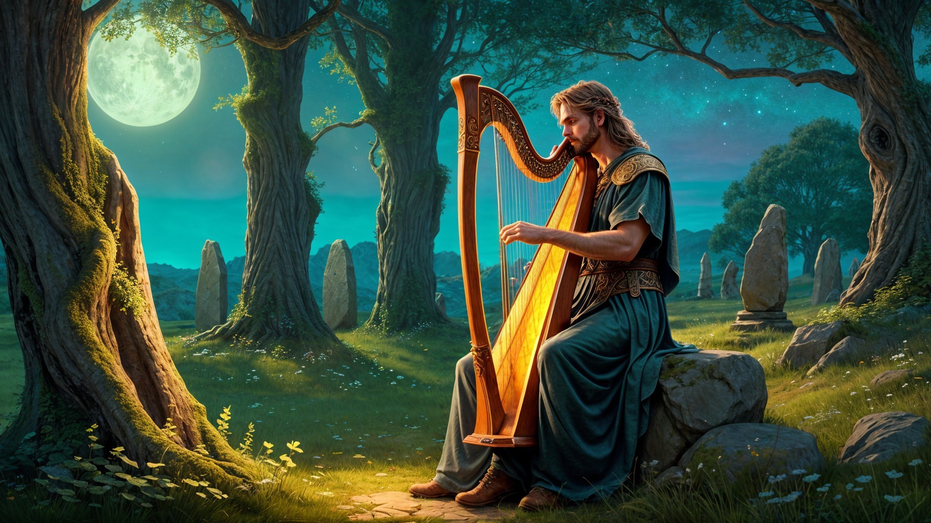 Mystical Forest Night Scene with Harp Music