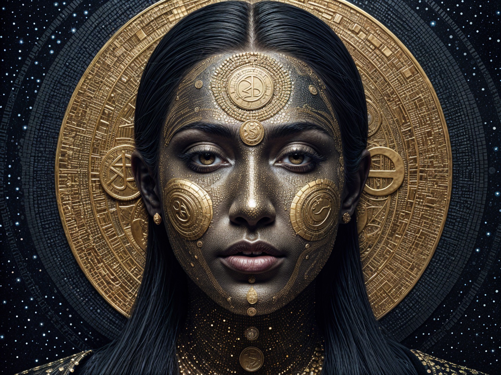 Portrait of a Woman with Golden Patterns and Night Sky