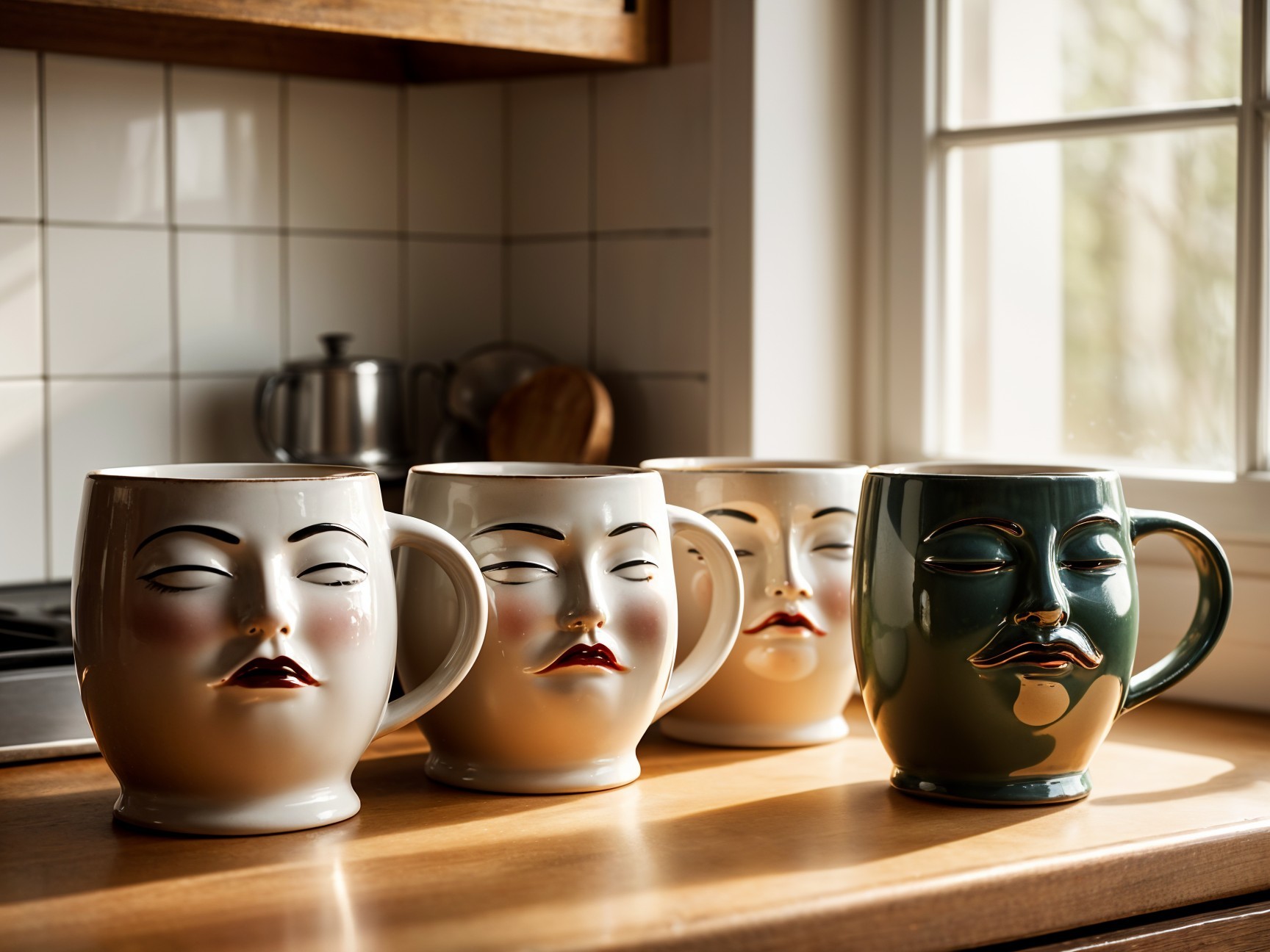 Ceramic Mugs with Unique Face Designs on Countertop