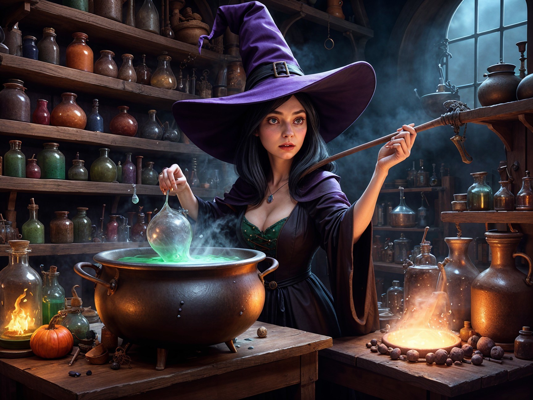 Witch in Potion Shop with Colorful Bottles and Cauldron