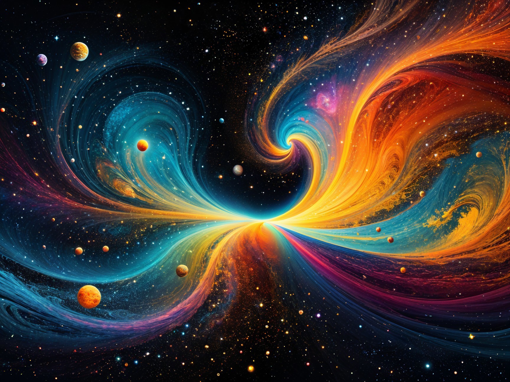 Vibrant Cosmic Swirl with Colors and Celestial Elements