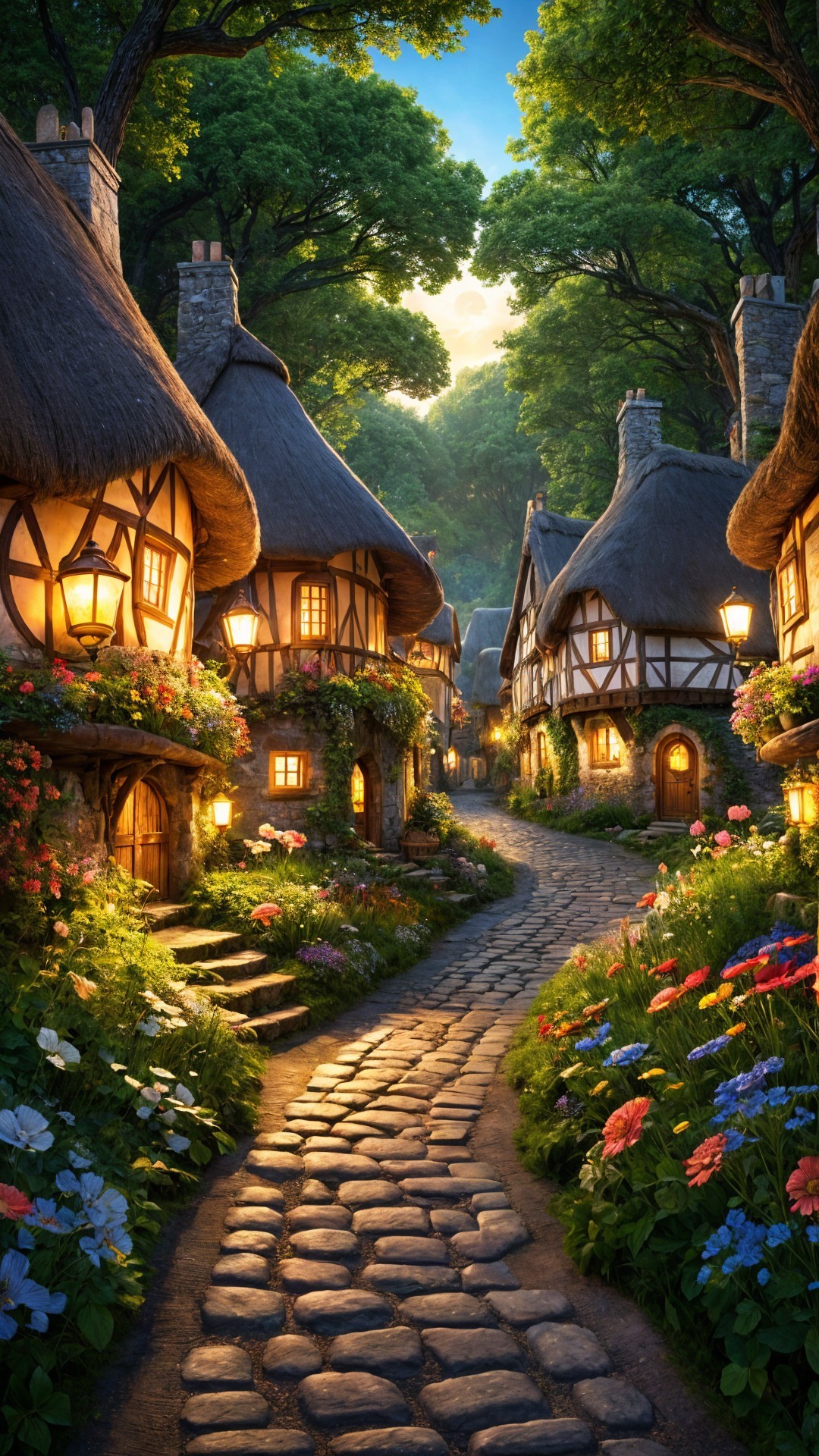 Charming Village Street with Quaint Cottages and Nature