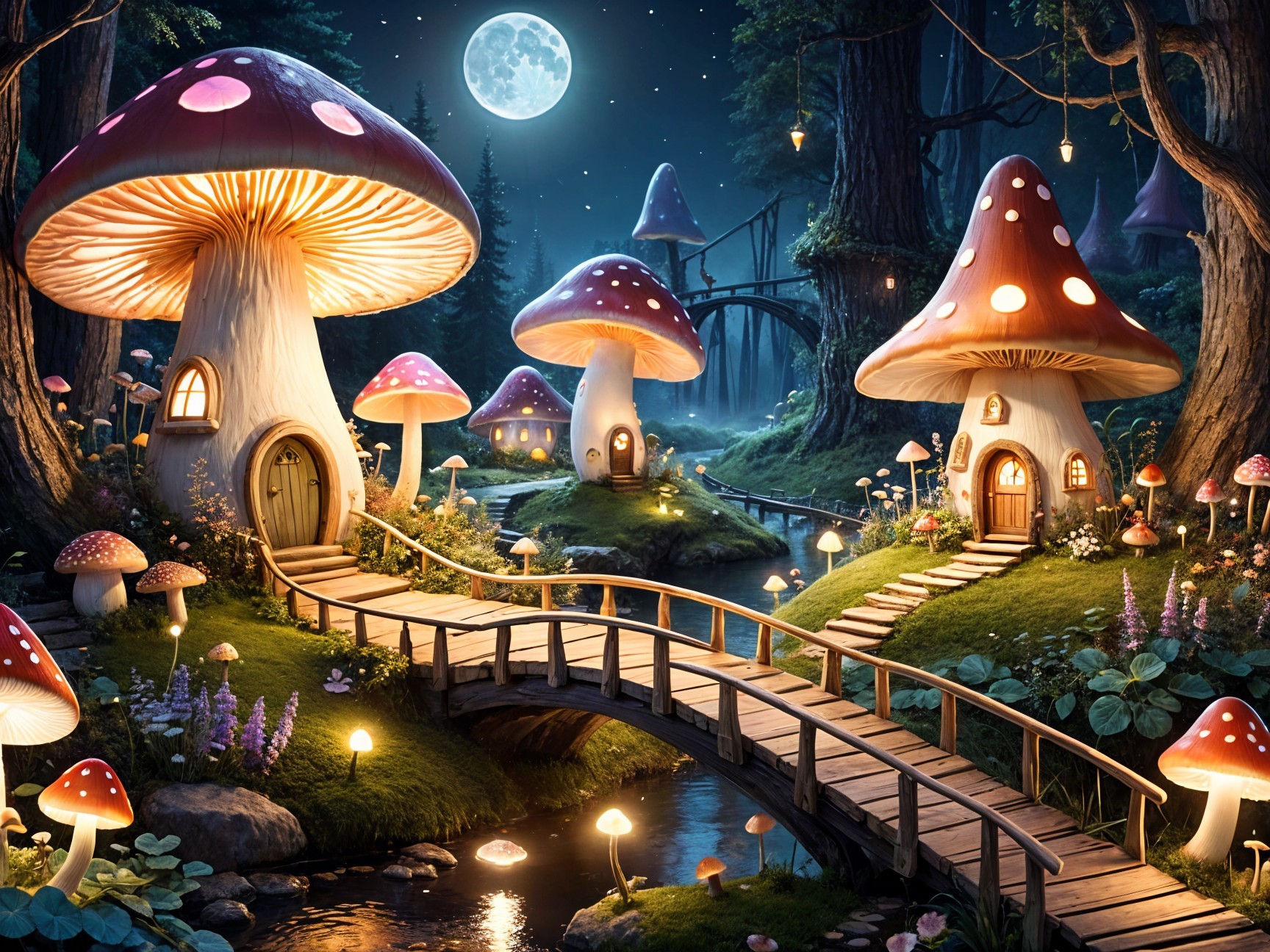 Whimsical Mushroom Houses Under a Starry Night Sky