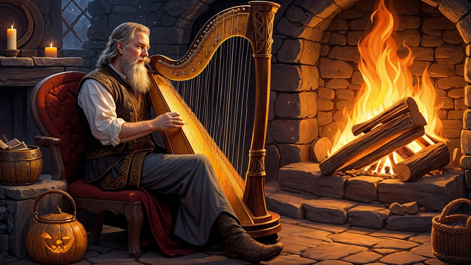Elderly Man Playing Harp in Cozy, Dimly Lit Room