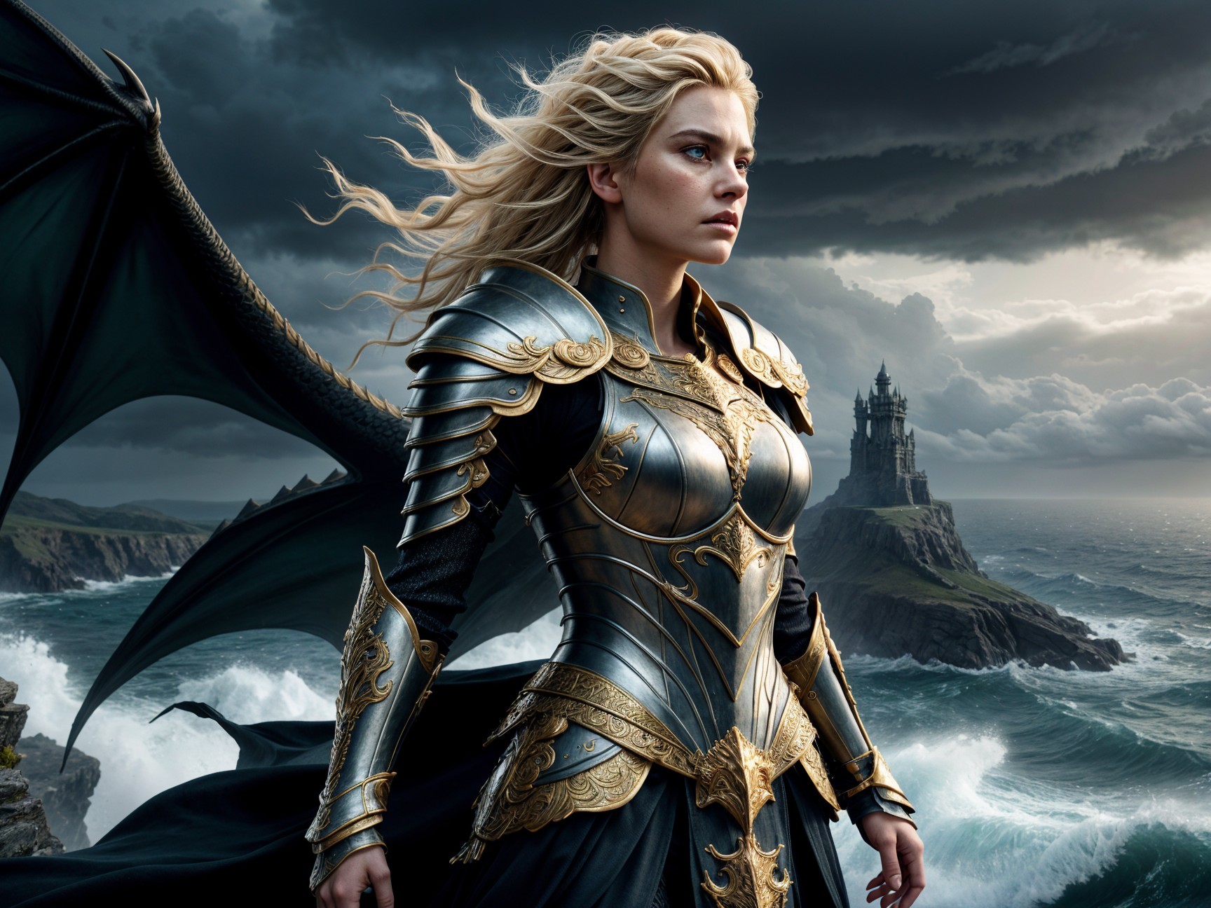 Warrior on Cliff with Silver Armor and Dramatic Sky