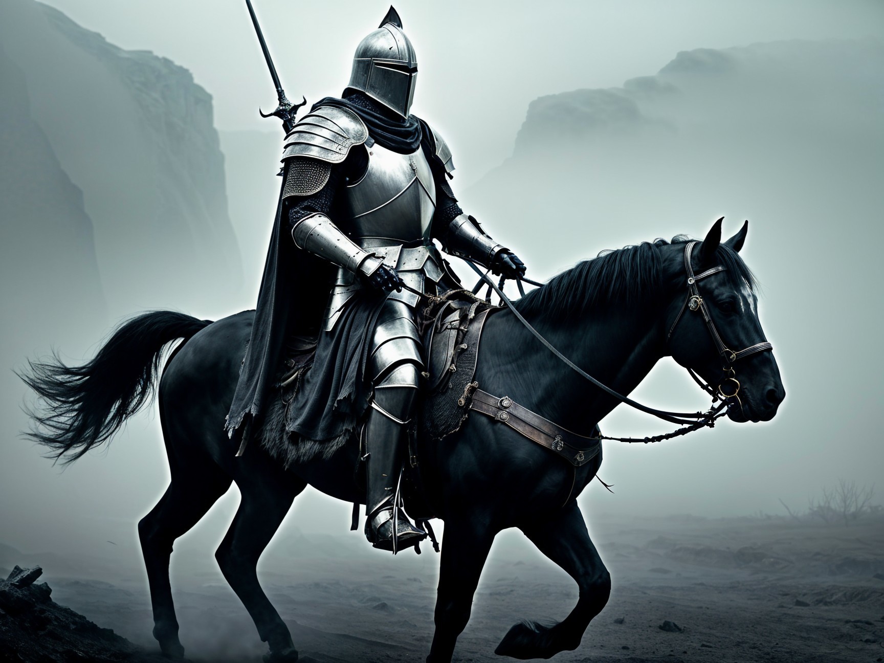 Knight on Black Horse in Misty Landscape
