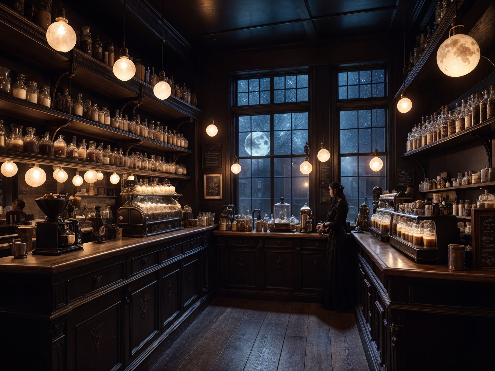 Cozy Apothecary with Vintage Bottles and Moonlight