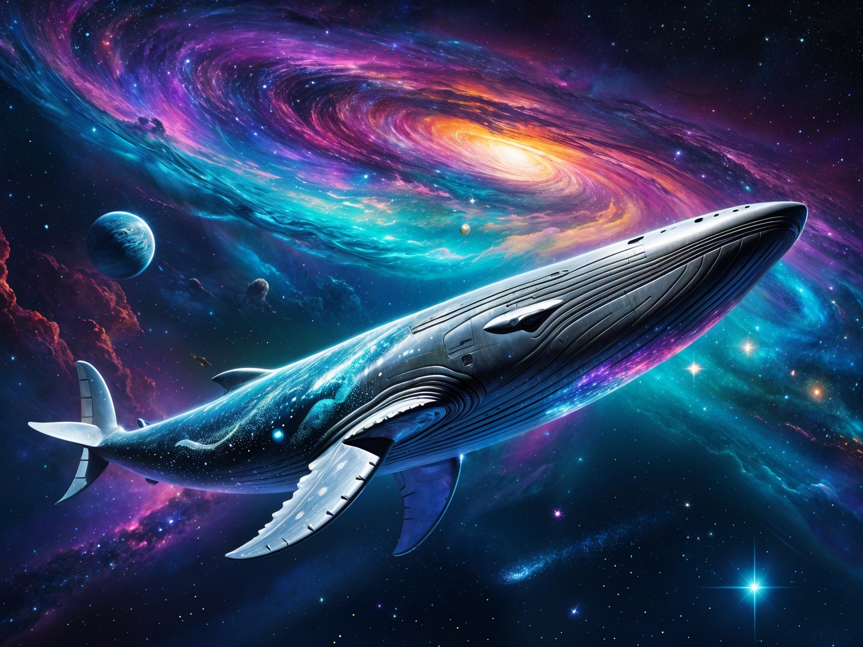 Whale Swimming Through a Cosmic Universe Scene