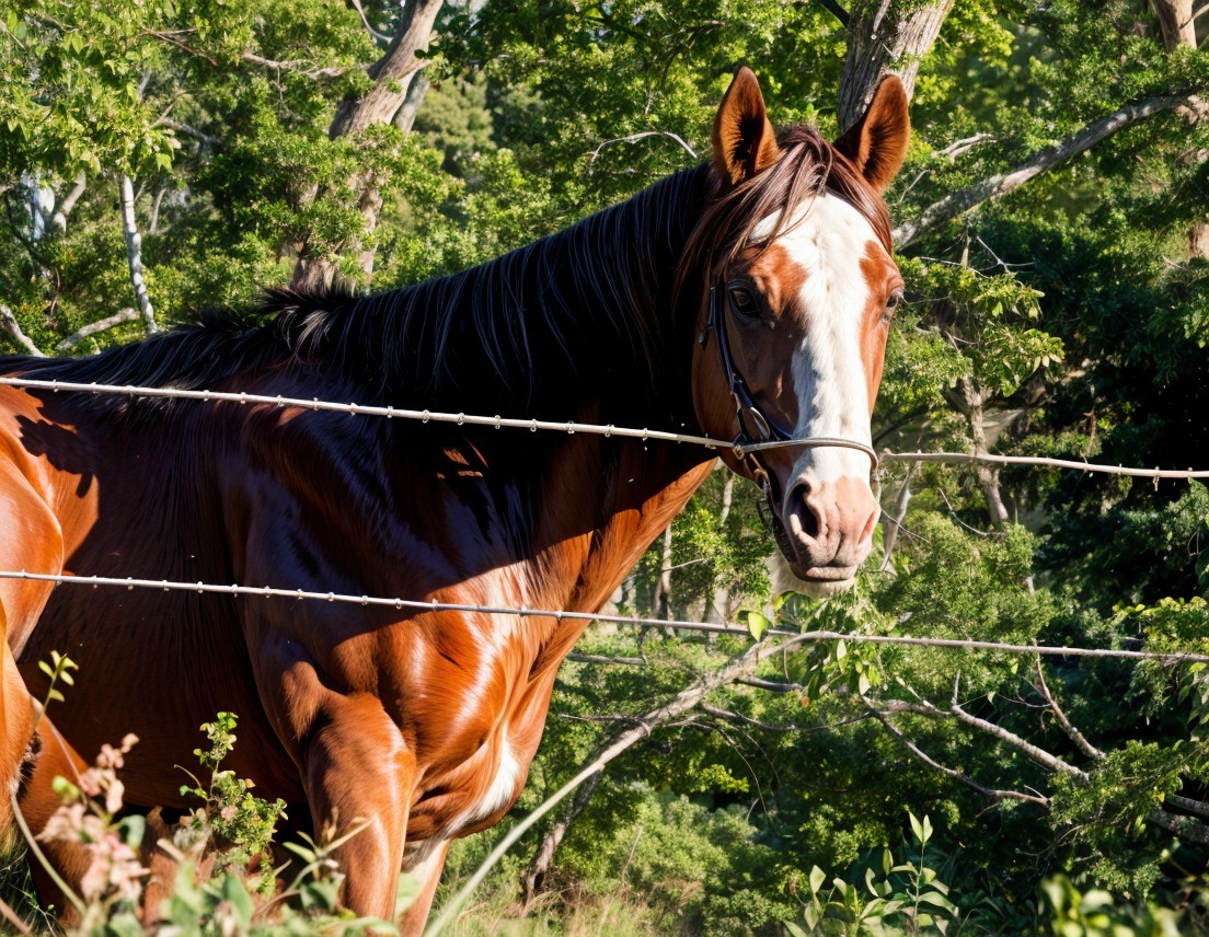 Chestnut Horse by Barbed Wire Fence in Natural Setting