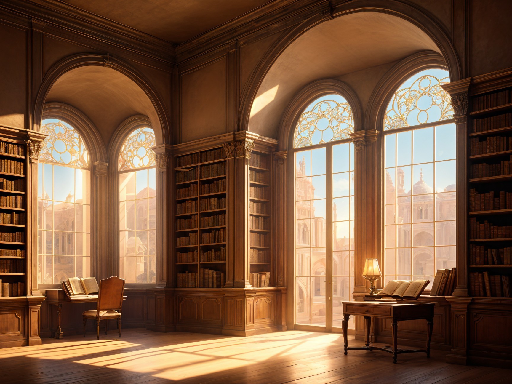 Elegant Library with Arched Windows and Antique Decor