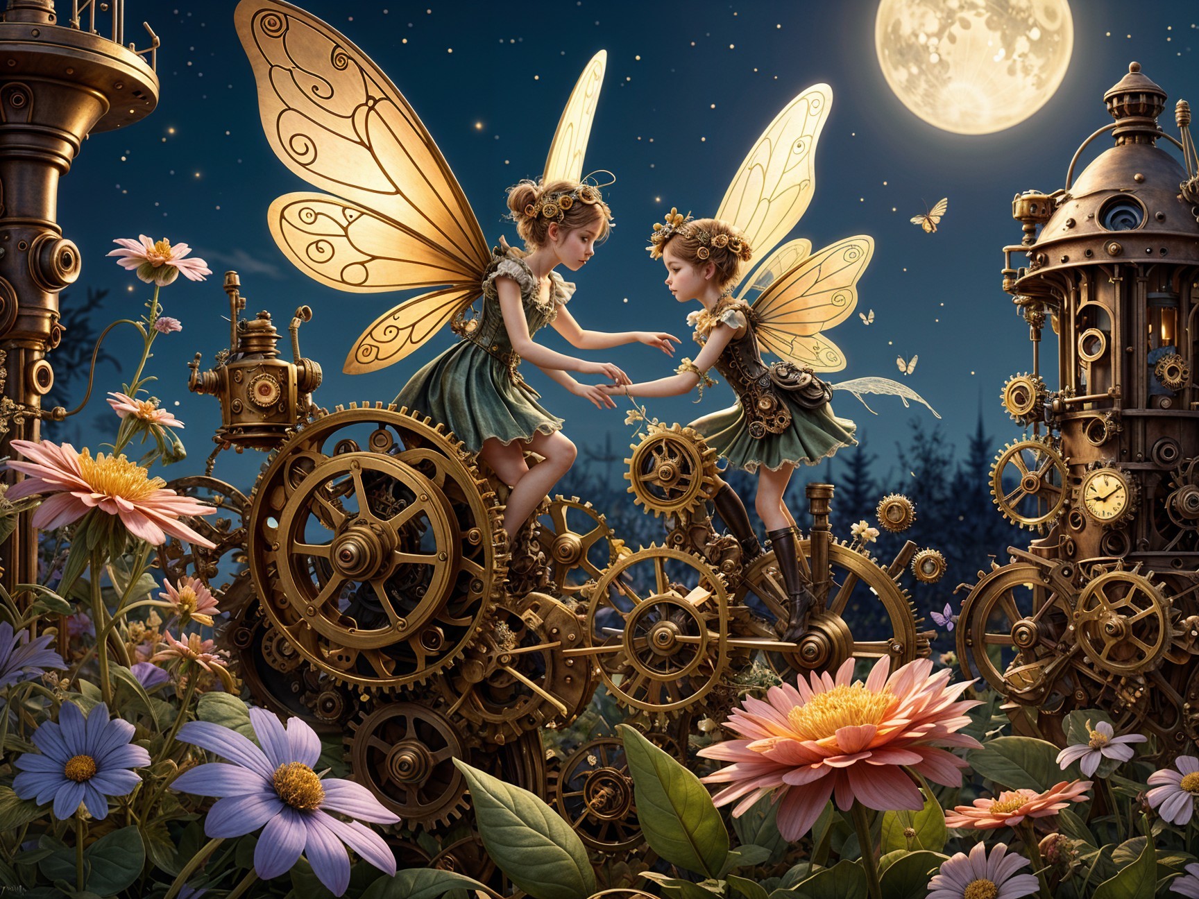 Fairies Among Steampunk Machinery Under Moonlight