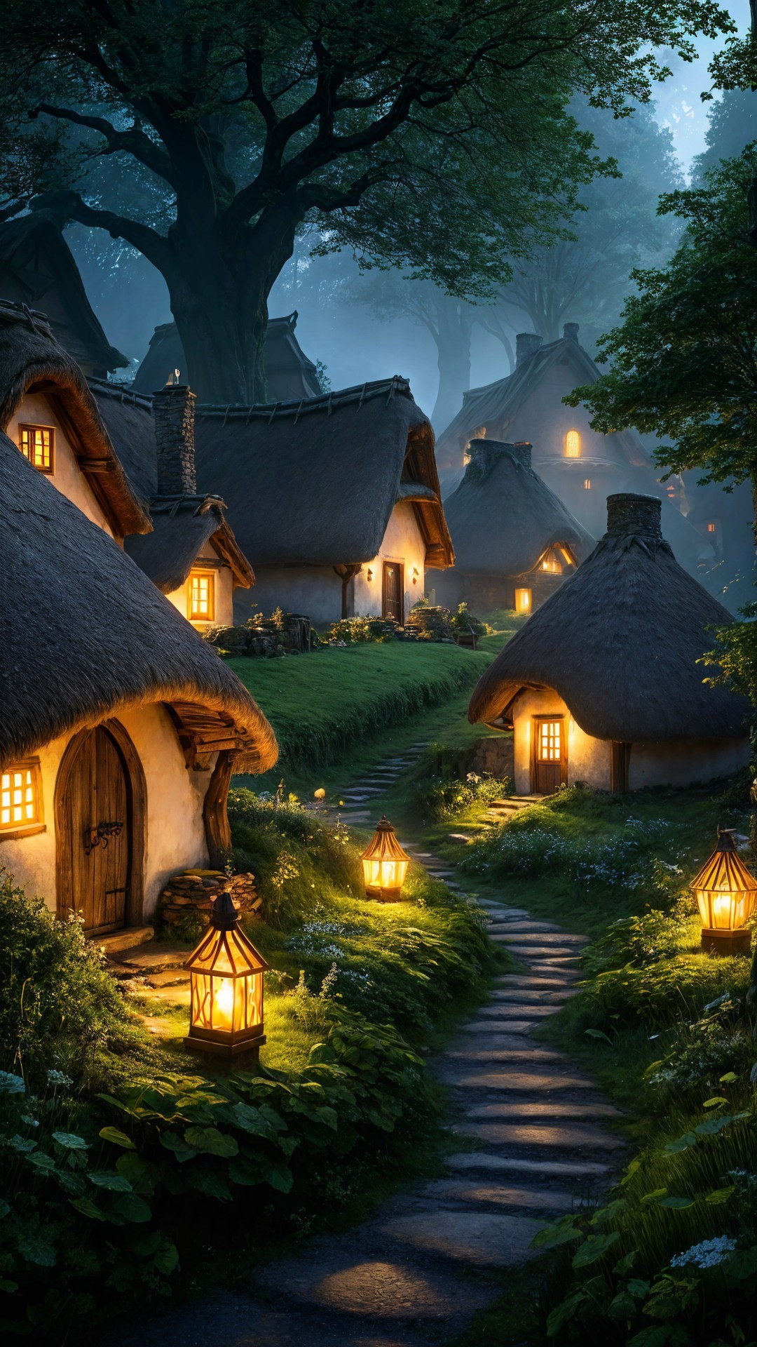 Enchanting Twilight Village with Thatched Cottages
