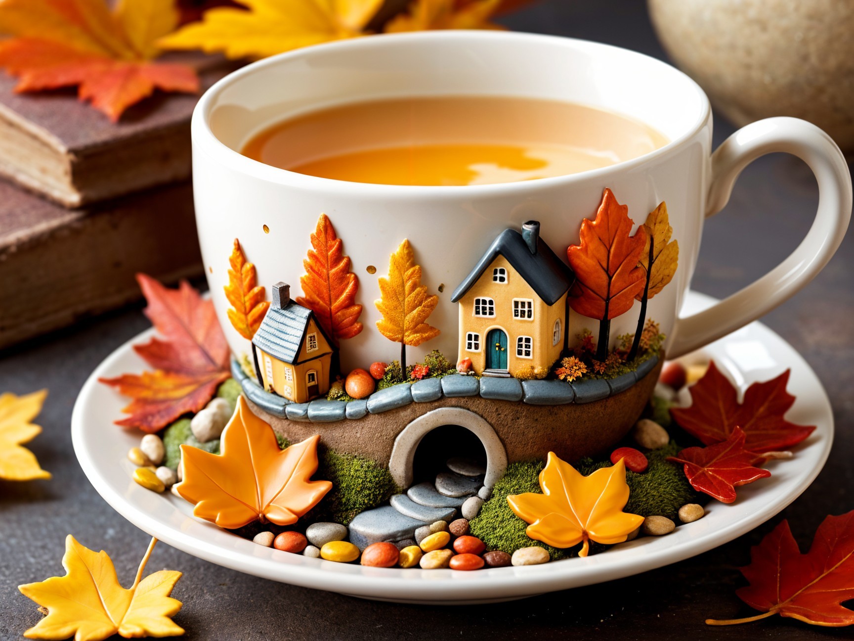 Whimsical Teacup with Miniature Houses and Autumn Leaves
