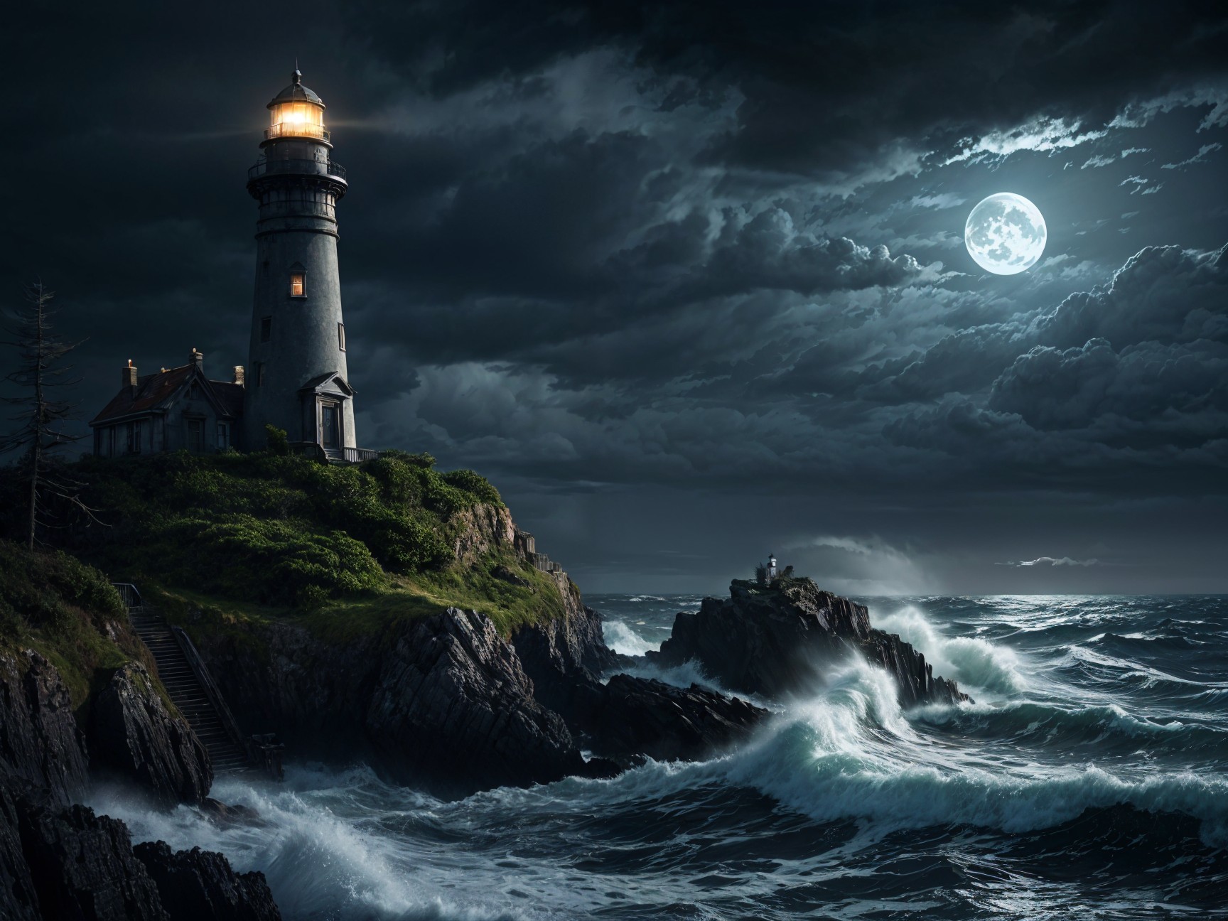 Lighthouse on Rocky Promontory Under Dramatic Sky