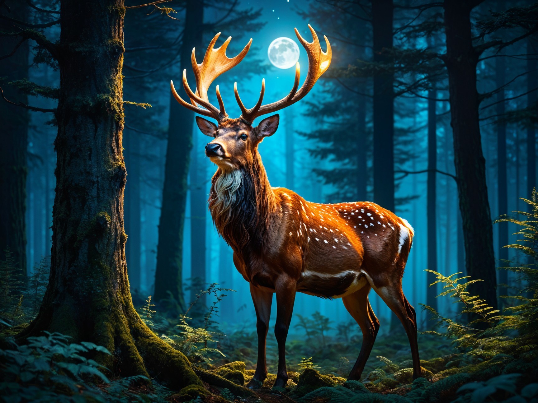 Majestic Stag in Moonlit Mystical Forest Scene