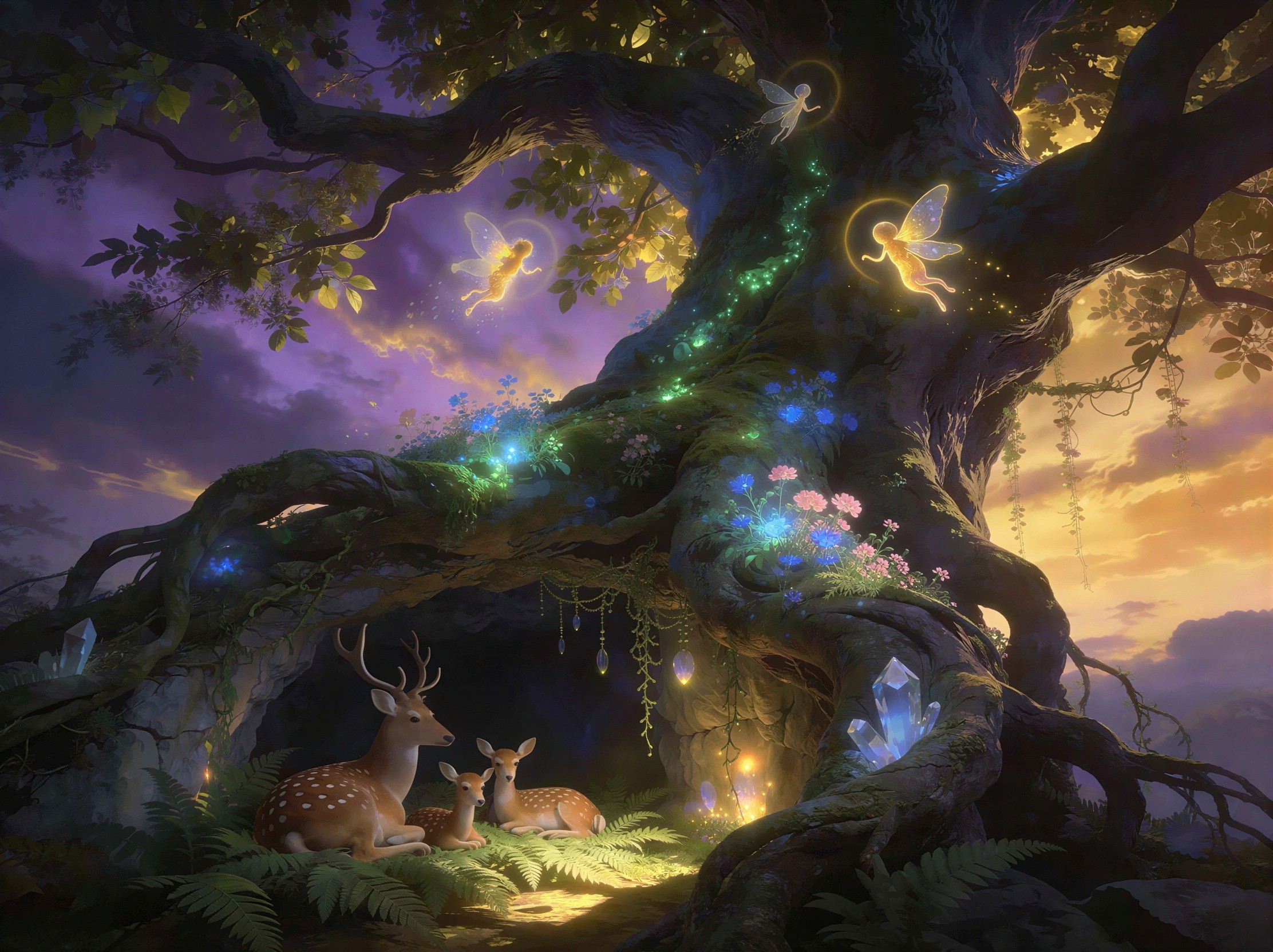 Magical forest illustration with glowing flowers and tree