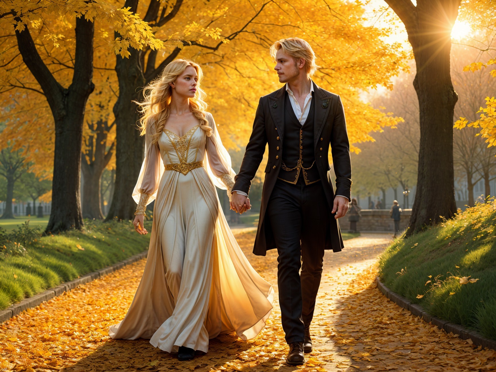 Couple Walking on Autumn Path with Sunlight Through Trees