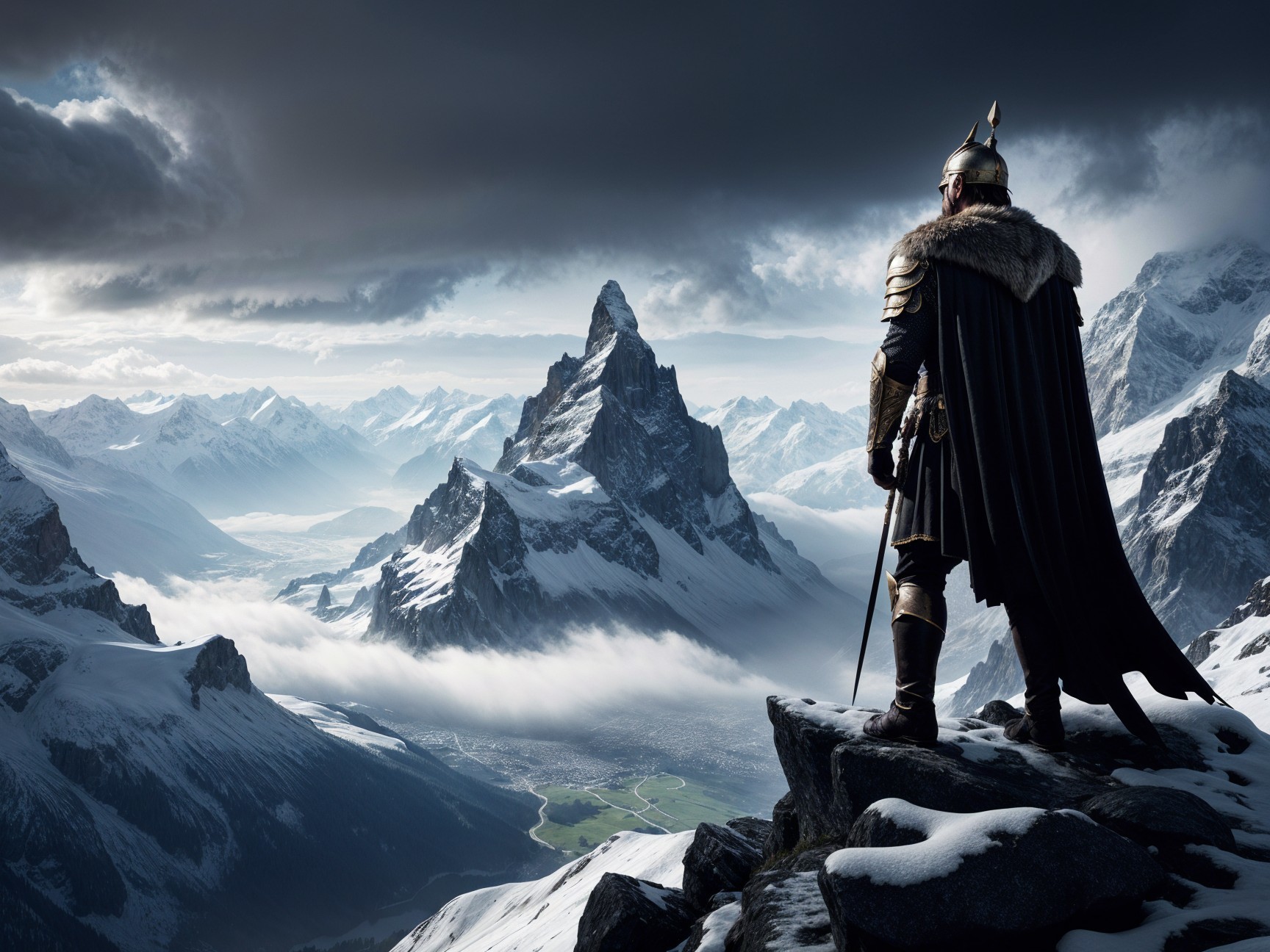 Lone Warrior on Cliff Overlooking Mountain Landscape
