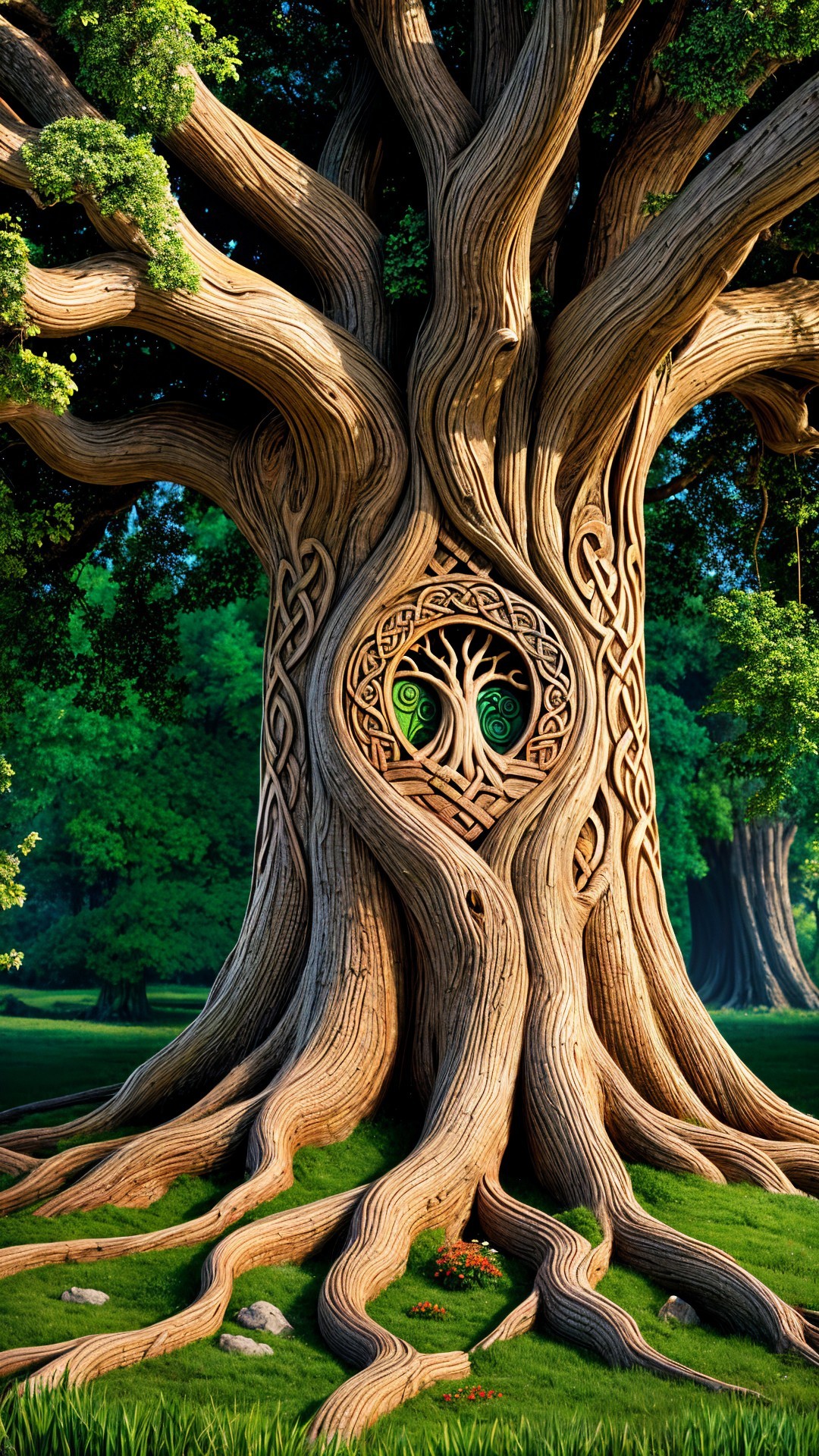 Majestic tree with intricate roots and ornate carvings