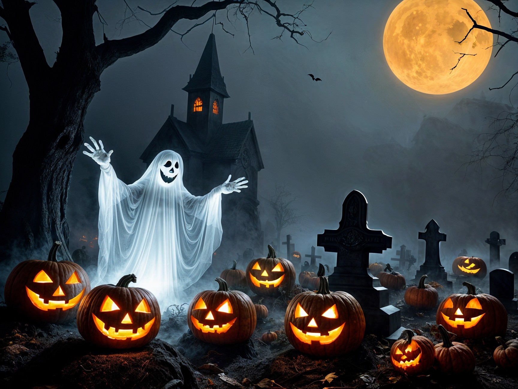 Ghostly Figure in Graveyard with Jack-o'-Lanterns
