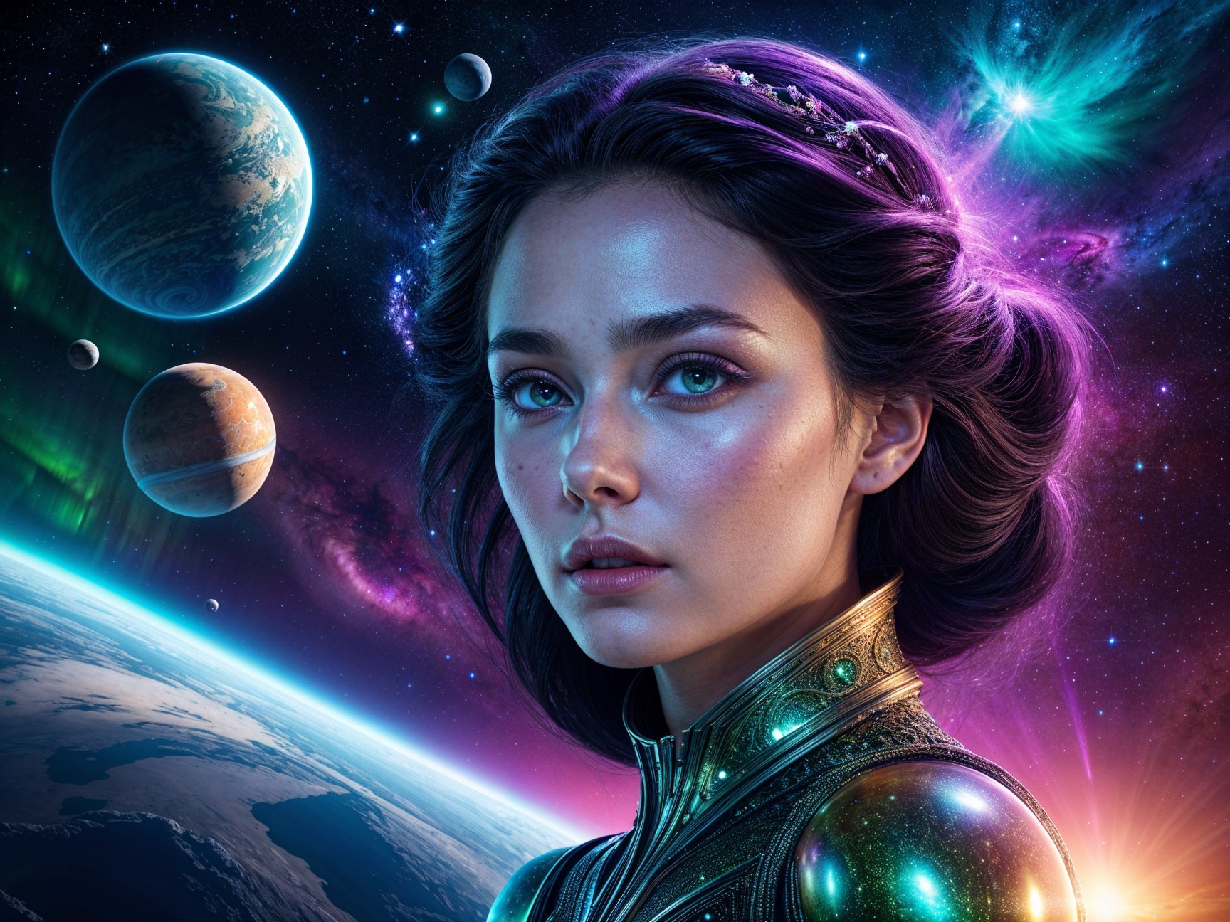 Young woman in cosmic setting with swirling galaxies