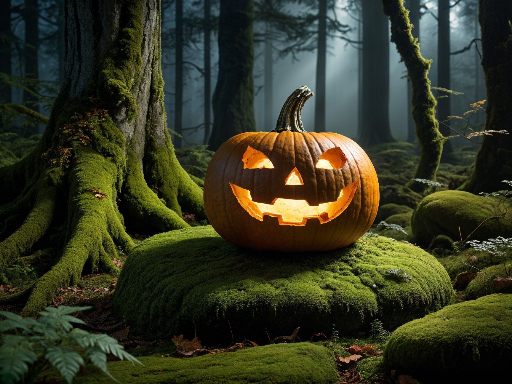 Playful Carved Pumpkin in Misty Forest Setting