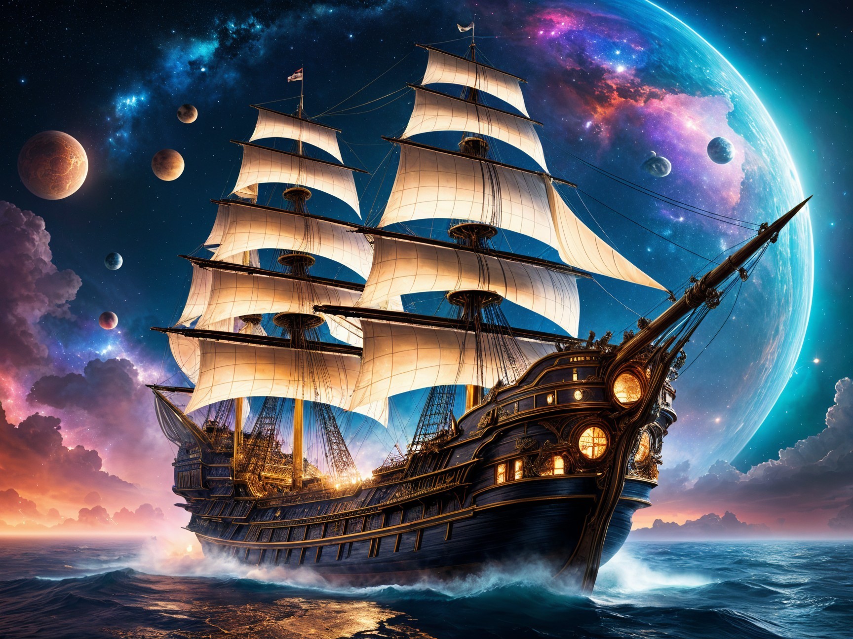 Tall Ship Sailing Through a Cosmic Sea with Planets