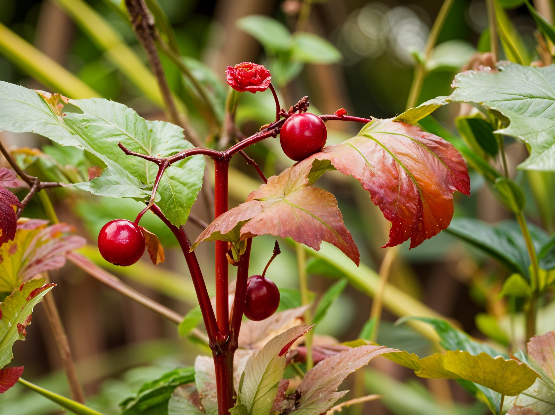 Close-Up of Colorful Foliage with Red Berries